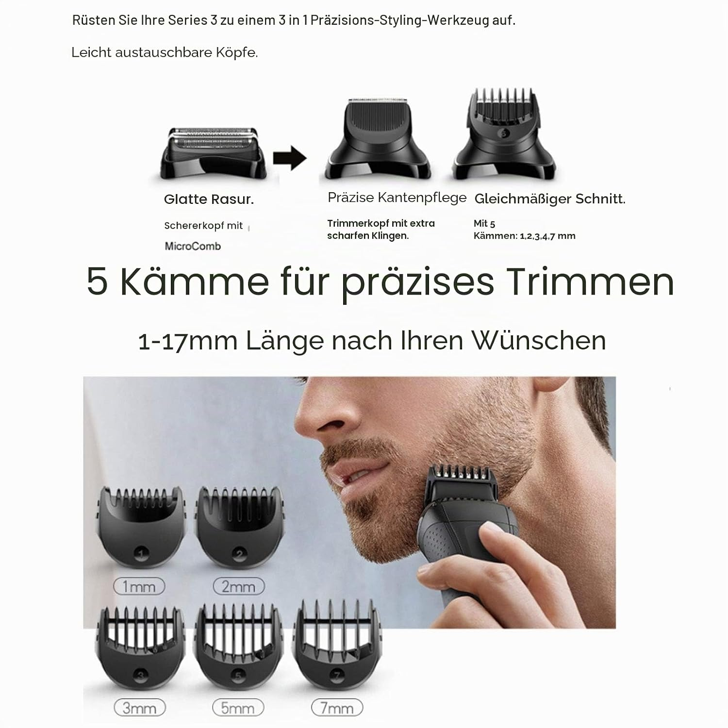 Ein Mann trimmt seinen Bart mit einem Trimmer und zeigt verschiedene Aufsätze von 1-7mm.