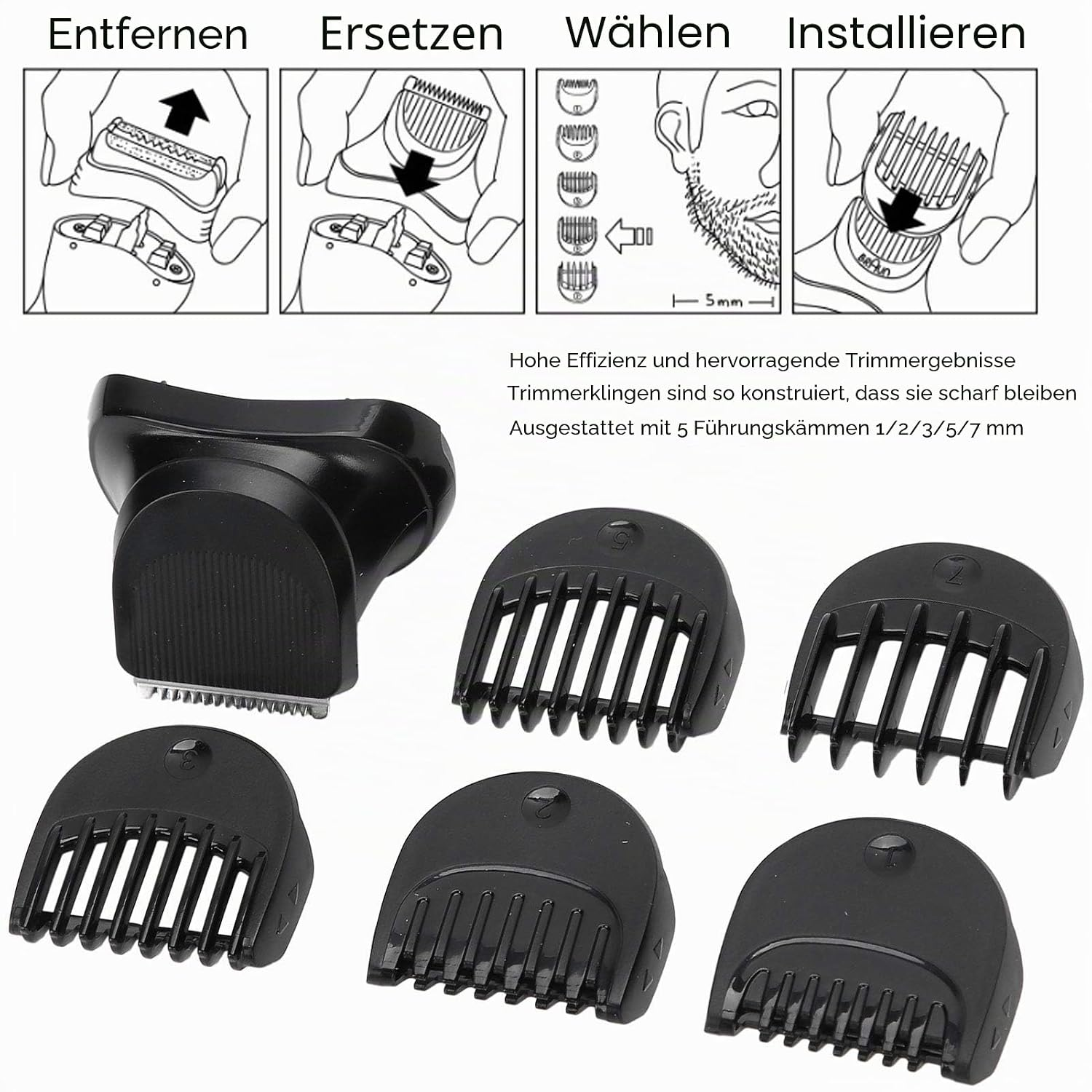 Ein Trimmeraufsatz und fünf Kammaufsätze für Barttrimmer.