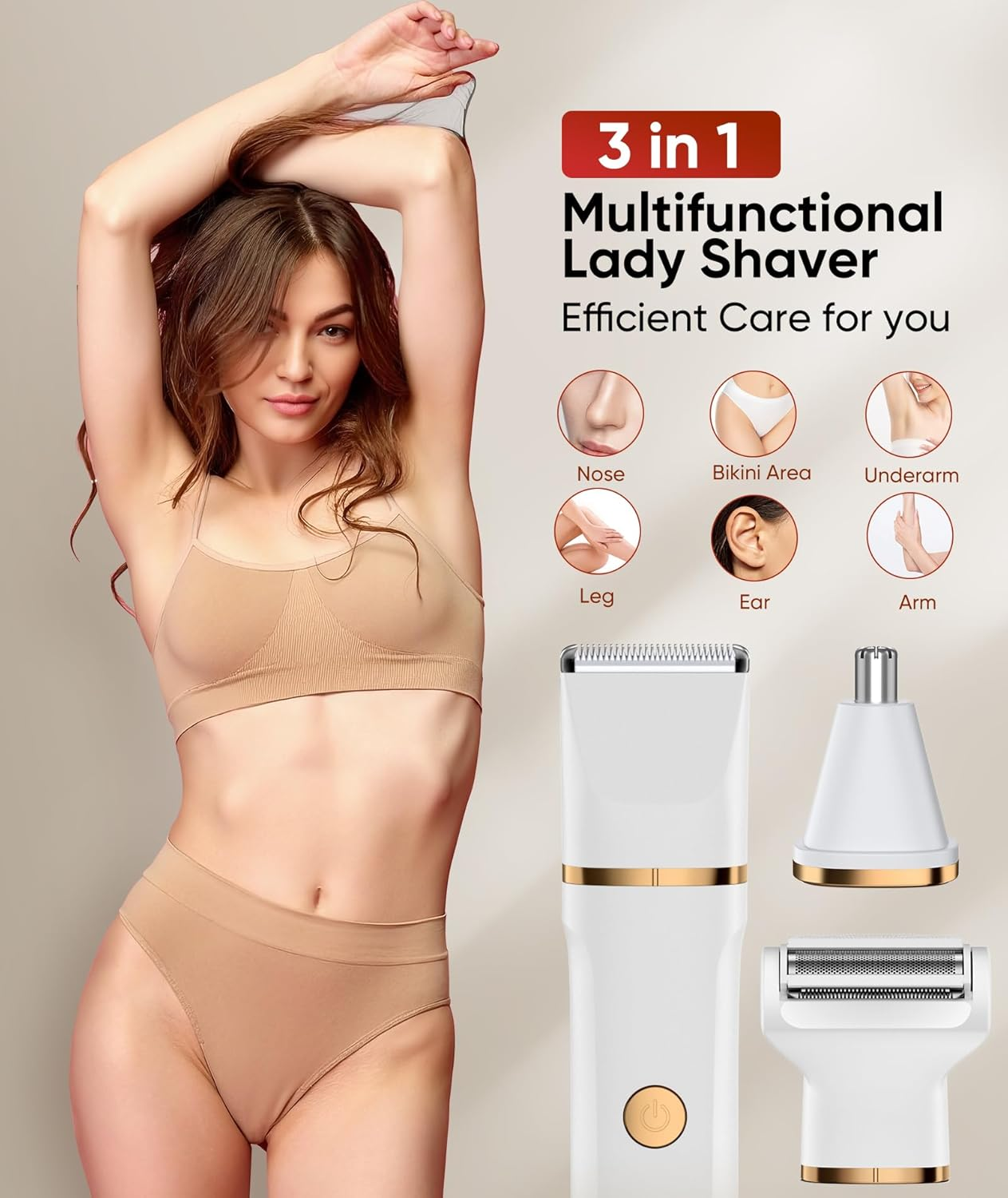 Eine Frau im Bikini steht neben einem 3-in-1-Lady-Shaver mit Aufsätzen.
