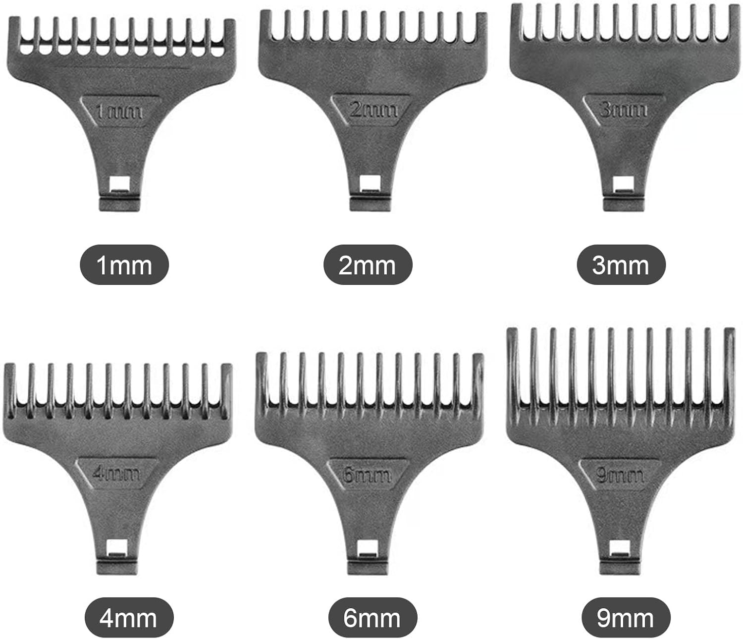 Sechs graue Aufsätze für Haarschneider mit Größenangaben: 1, 2, 3, 4, 6 und 9 mm.