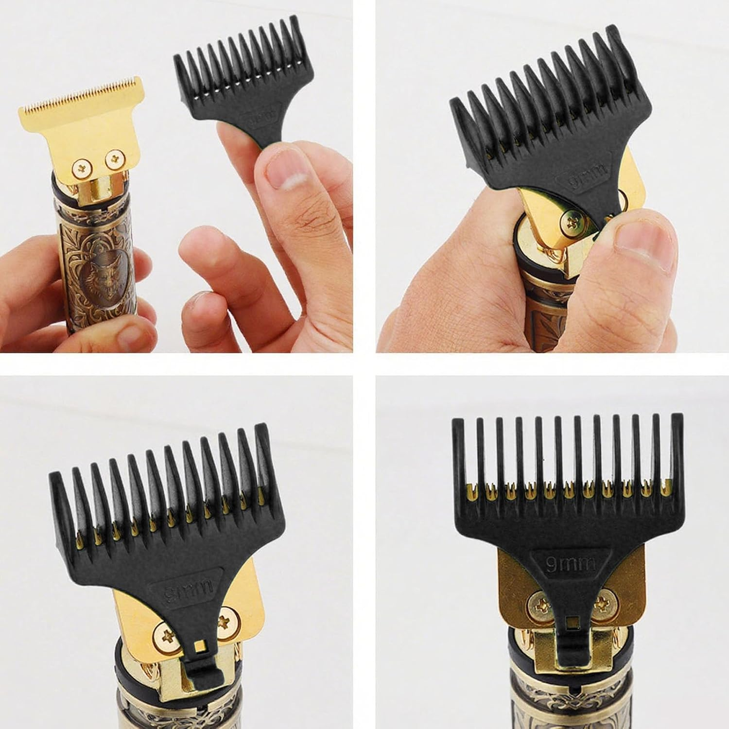 Ein goldener Trimmer mit einem 9-mm-Aufsatz und einem Wolfskopf-Design.