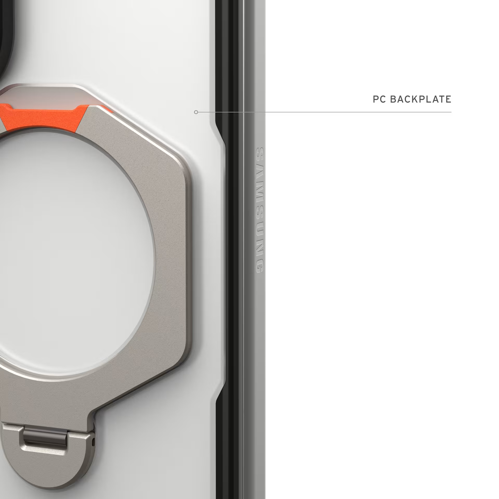 Primer plano de una funda de teléfono con anillo plateado y detalles naranjas.