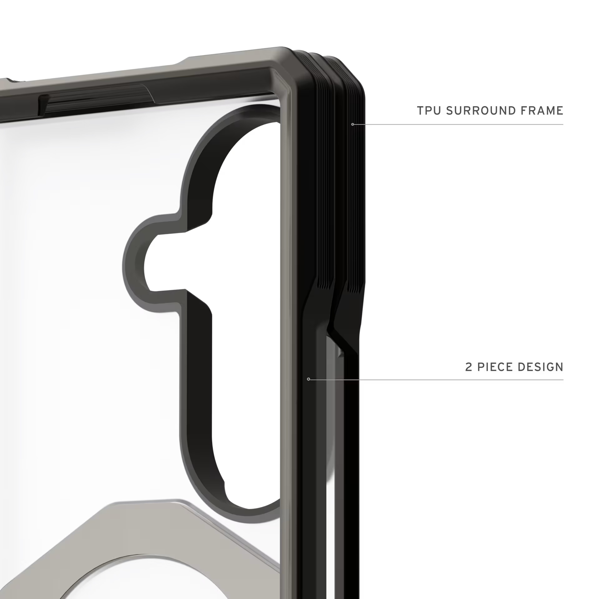 Funda transparente para teléfono con borde negro y diseño acanalado.