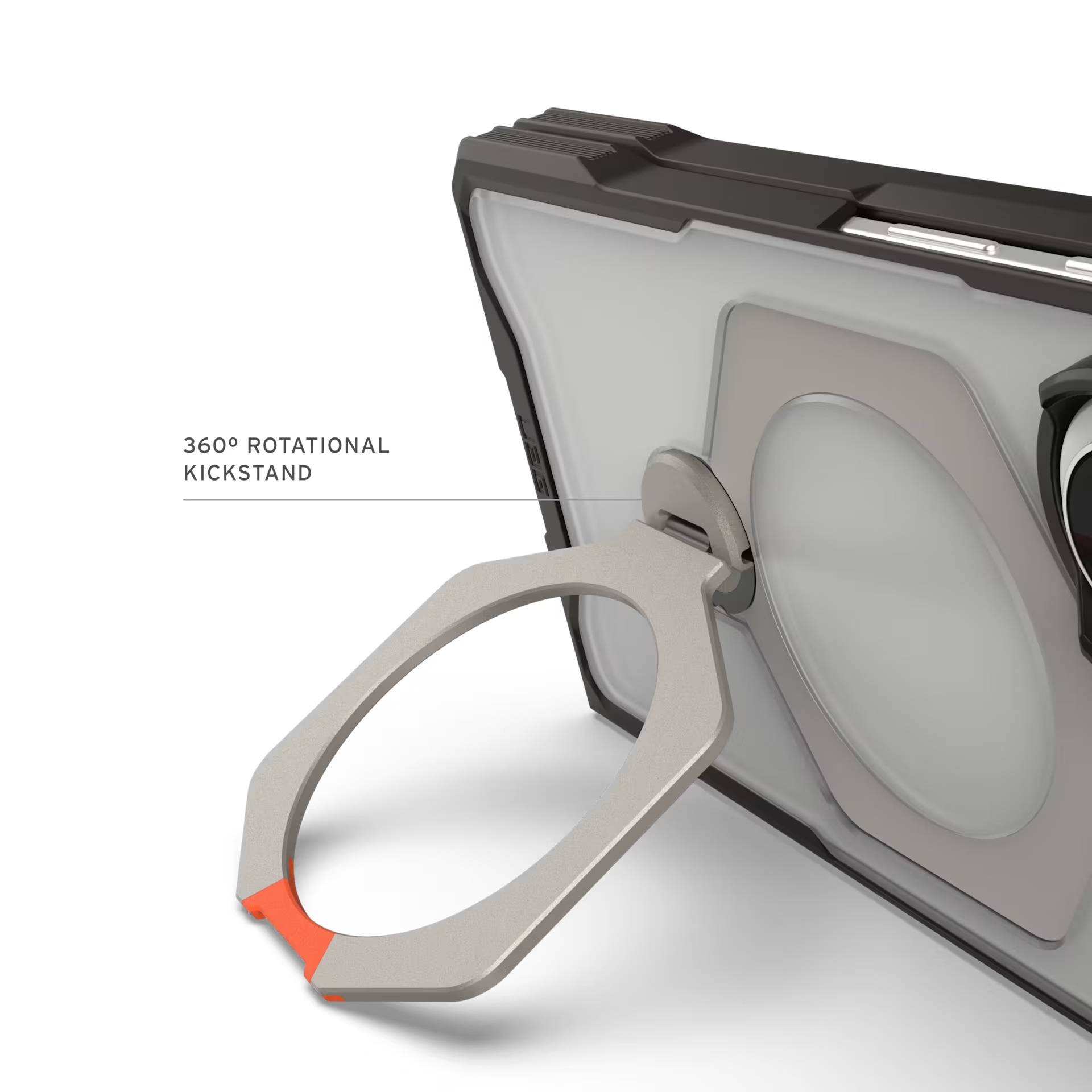 Funda de teléfono gris con soporte giratorio de 360 y detalles naranjas.