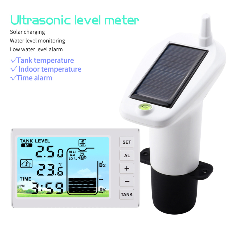 Ein Ultraschall-Füllstandsmesser mit Solaraufladung und Display zeigt Tankfüllstand, Temperatur und Zeit.