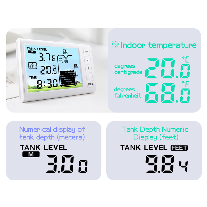 Digitalanzeige mit Tankfüllstand, Uhrzeit und Innentemperatur in C und F.