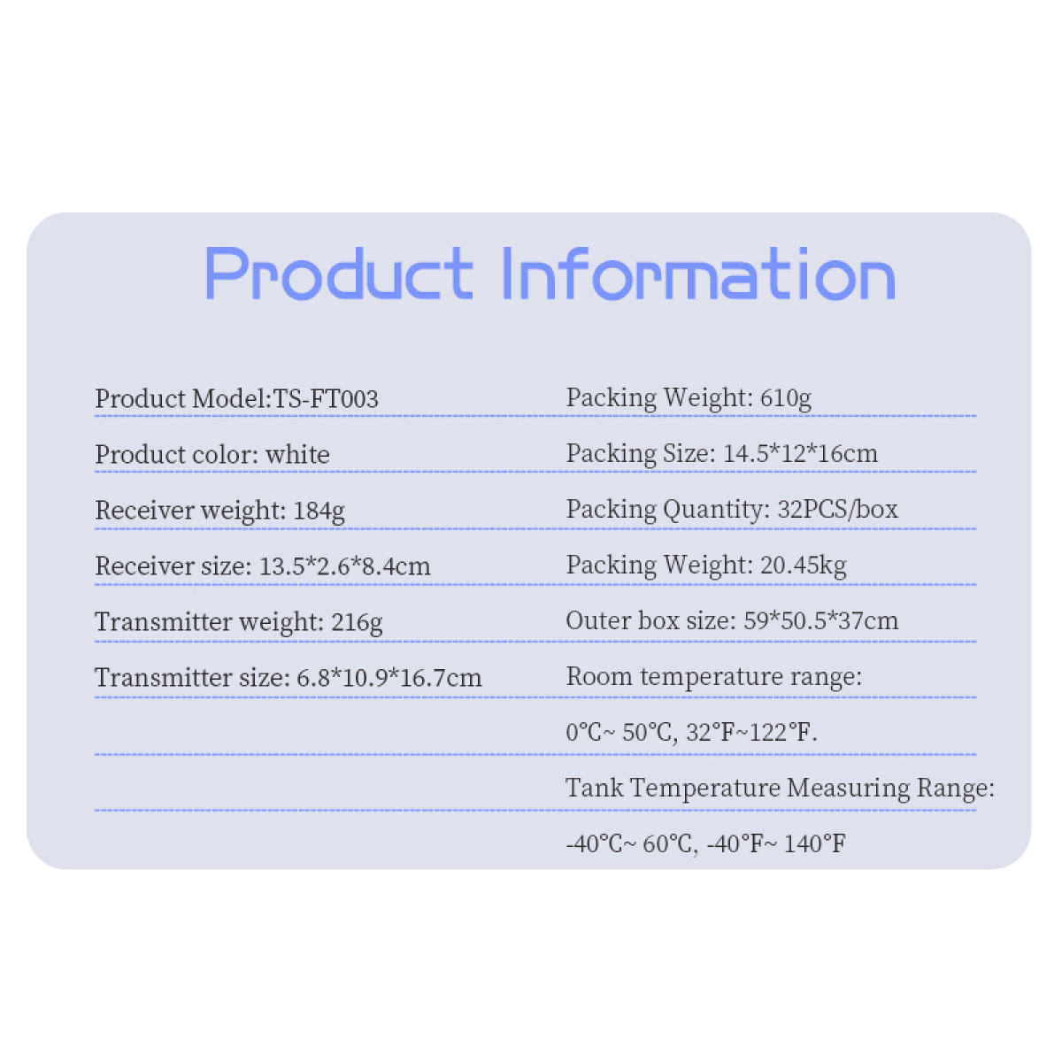 Produktinformationen: Modell TS-FT003, weiße Farbe, Gewichte und Größen von Empfänger/Sender, Verpackungsgewicht/-größe/-menge, Außenmaß.