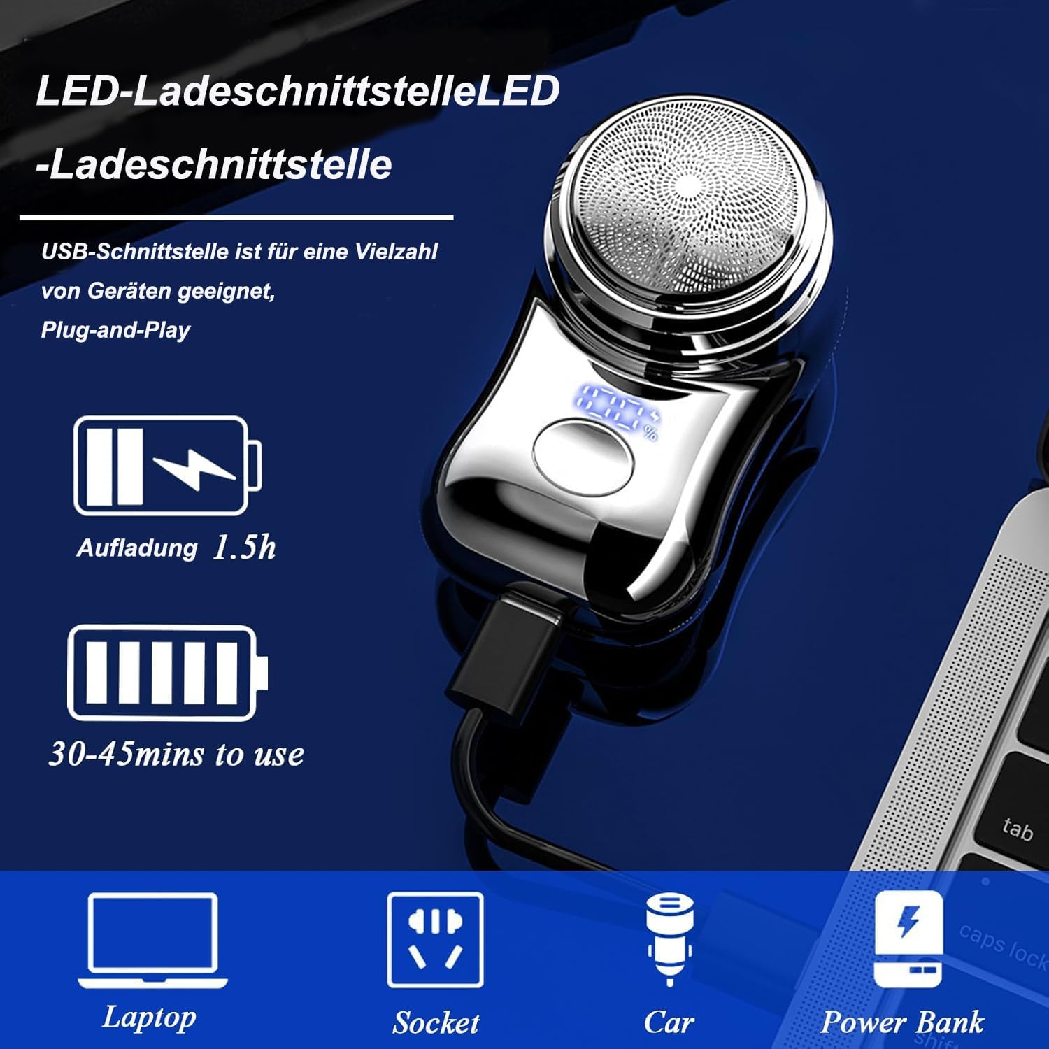 Ein glänzender elektrischer Rasierer mit Ladeanzeige, verbunden mit einem Kabel.