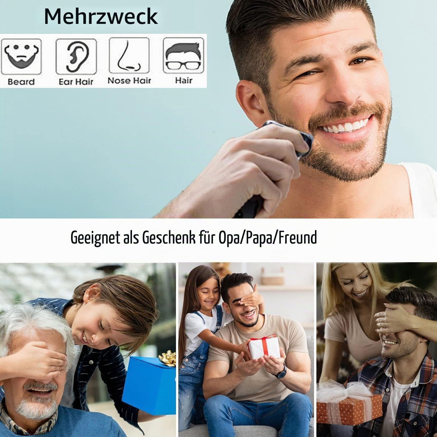 Mann rasiert sich, Kinder überraschen Väter mit Geschenken.