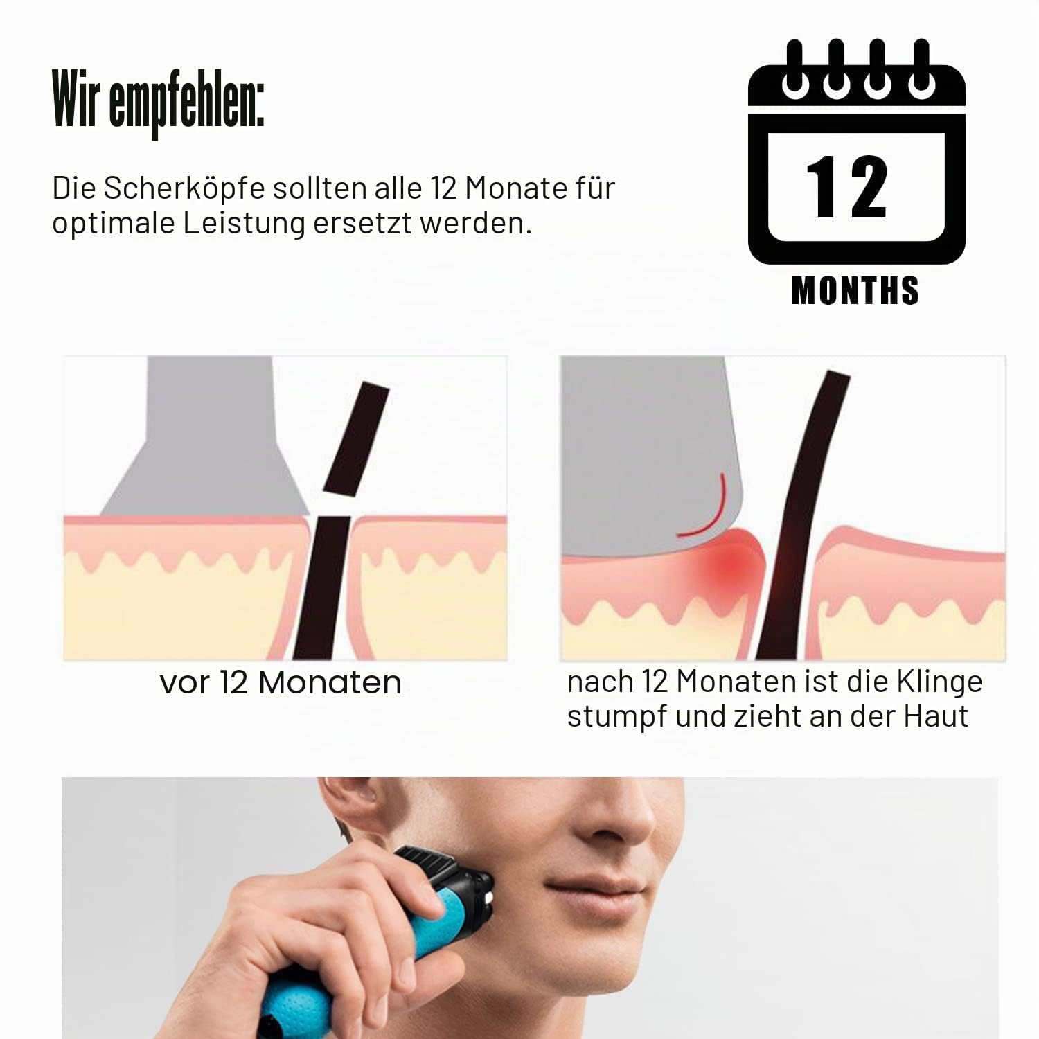 Illustrationen zeigen stumpfe Klinge zieht Haut. Mann rasiert sich.