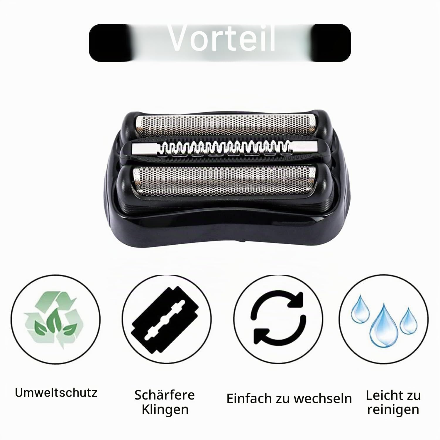 Ein Scherkopf mit 4 Symbolen: Umwelt, Klinge, Kreislauf, Tropfen.