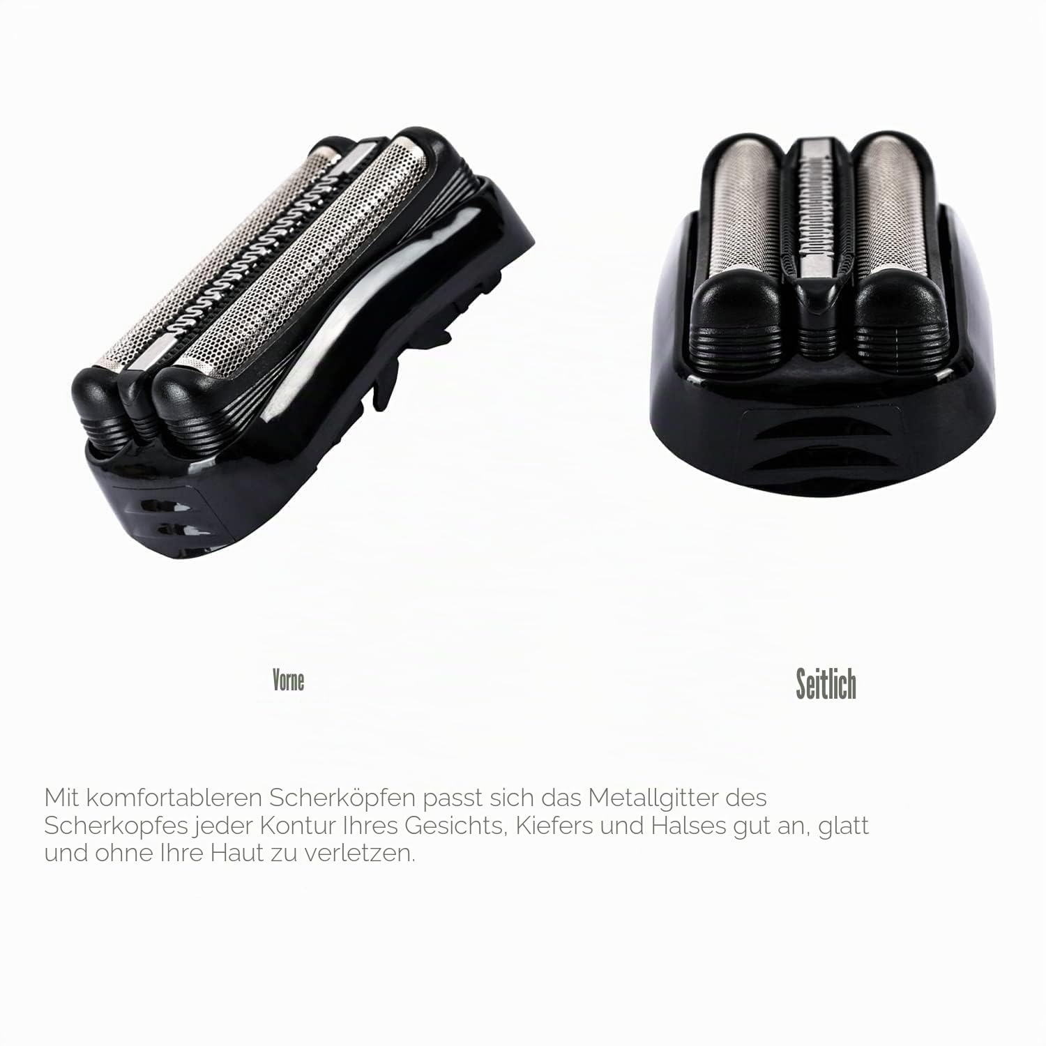 Ein schwarzer Rasierkopf mit drei silbernen Scherköpfen.