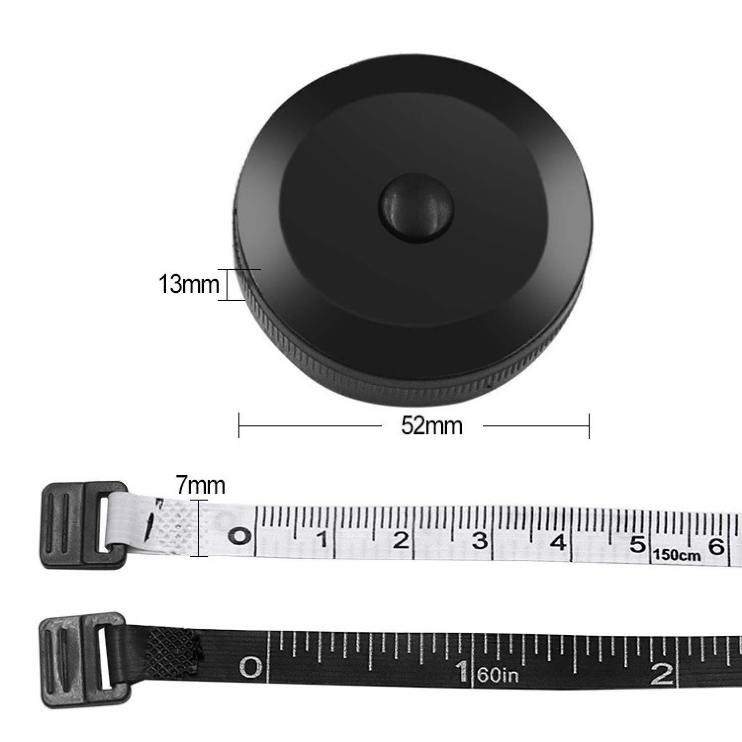Ein schwarzes Maßband mit zwei Bändern, eins weiß (150cm) und eins schwarz (60in).