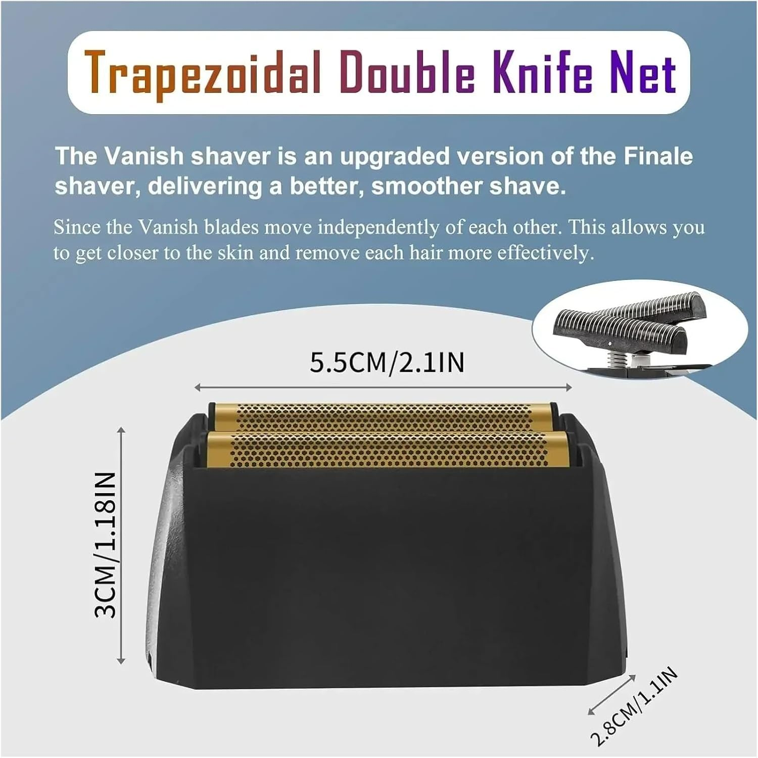 Schwarzer Scherkopf mit Goldfolien, 5,5cm breit, 3cm hoch. Text: Trapezoidal Double Knife Net.