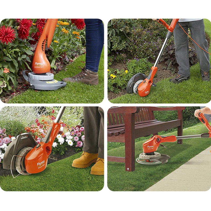 Person trimmt Rasenkanten mit einem orangefarbenen Rasentrimmer neben Blumen.