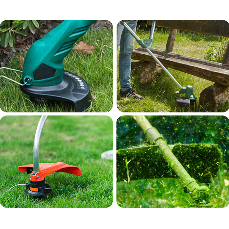 Vier Collagenansichten eines Rasentrimmers im Einsatz und im Detail.