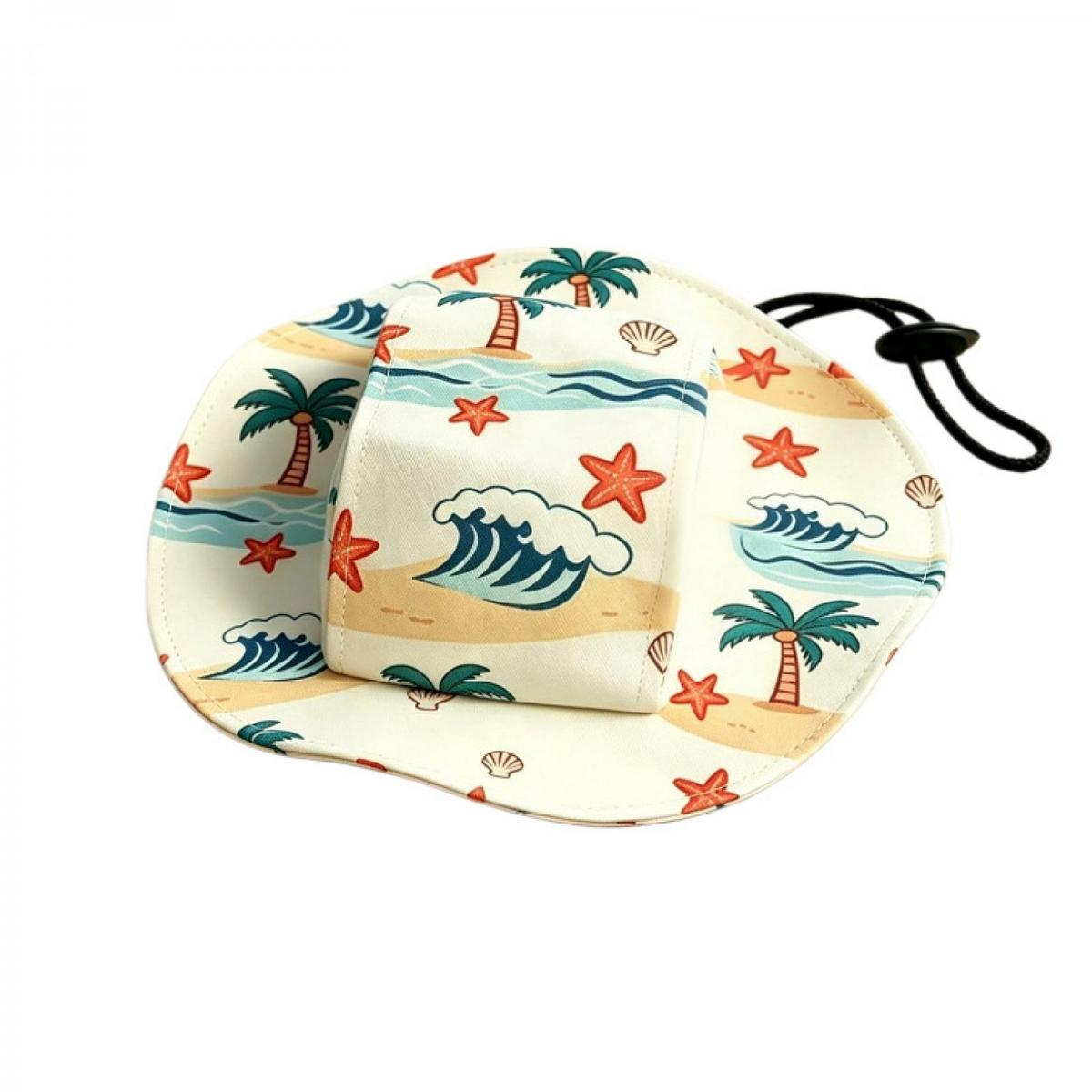 Ein cremefarbener Eimerhut mit tropischem Strandmotiv und Kordelzug.