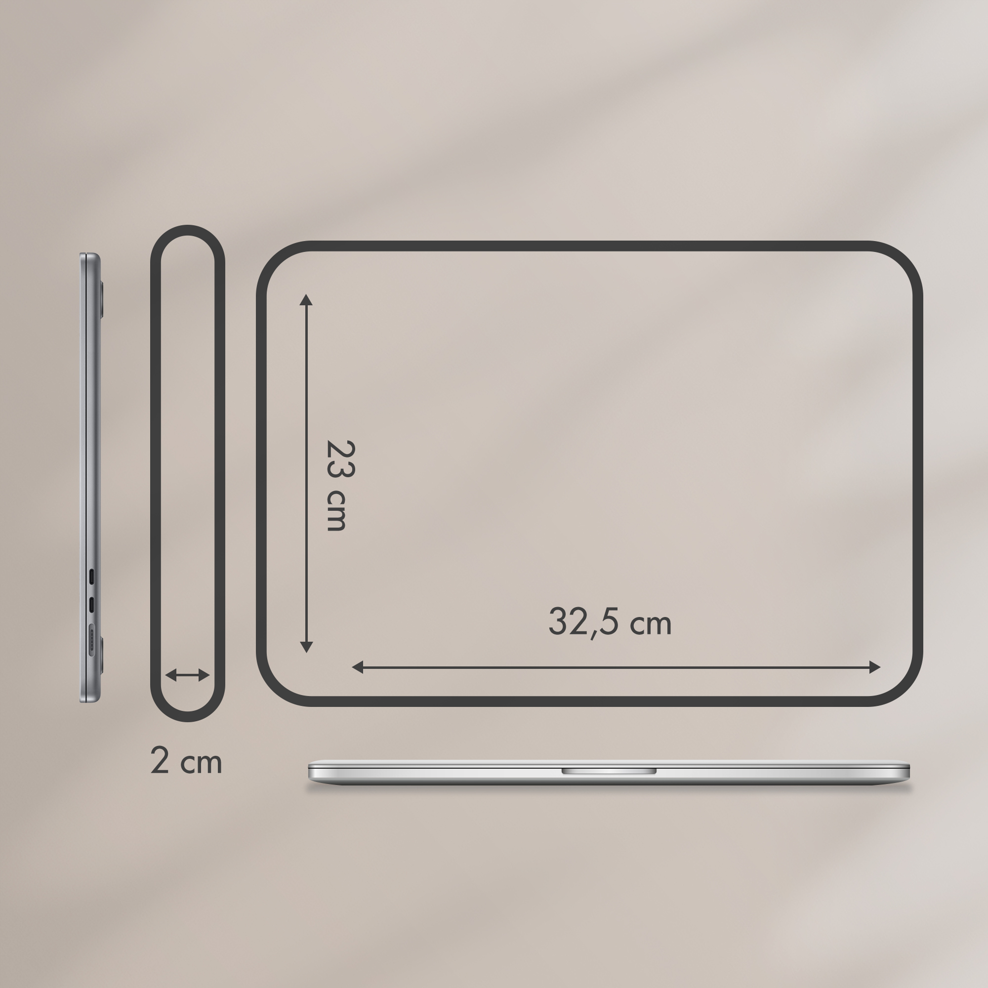 Ein schlankes graues Laptop mit Maßen von 32,5 cm x 23 cm x 2 cm.