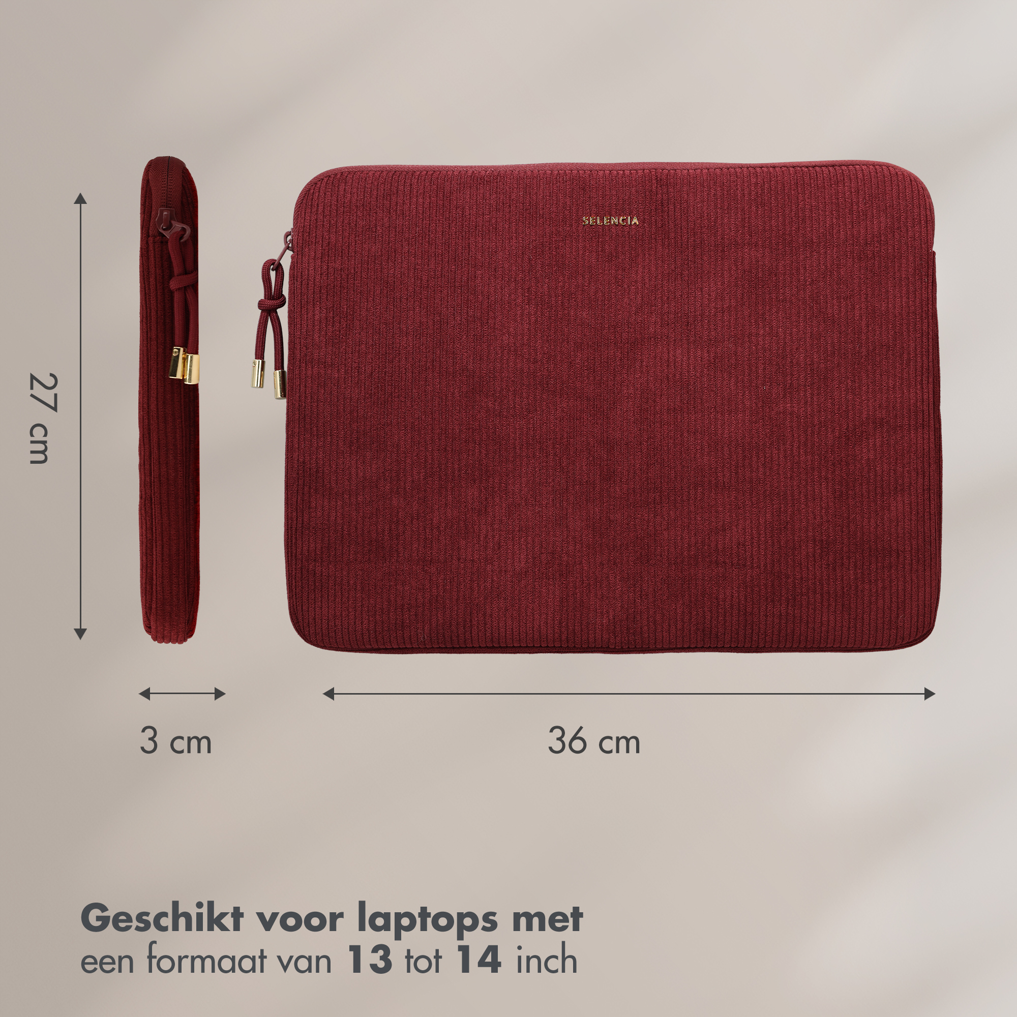 Eine burgunderrote Laptop-Hülle mit Kordelzug und Goldakzenten. Maße: 36x27x3 cm.