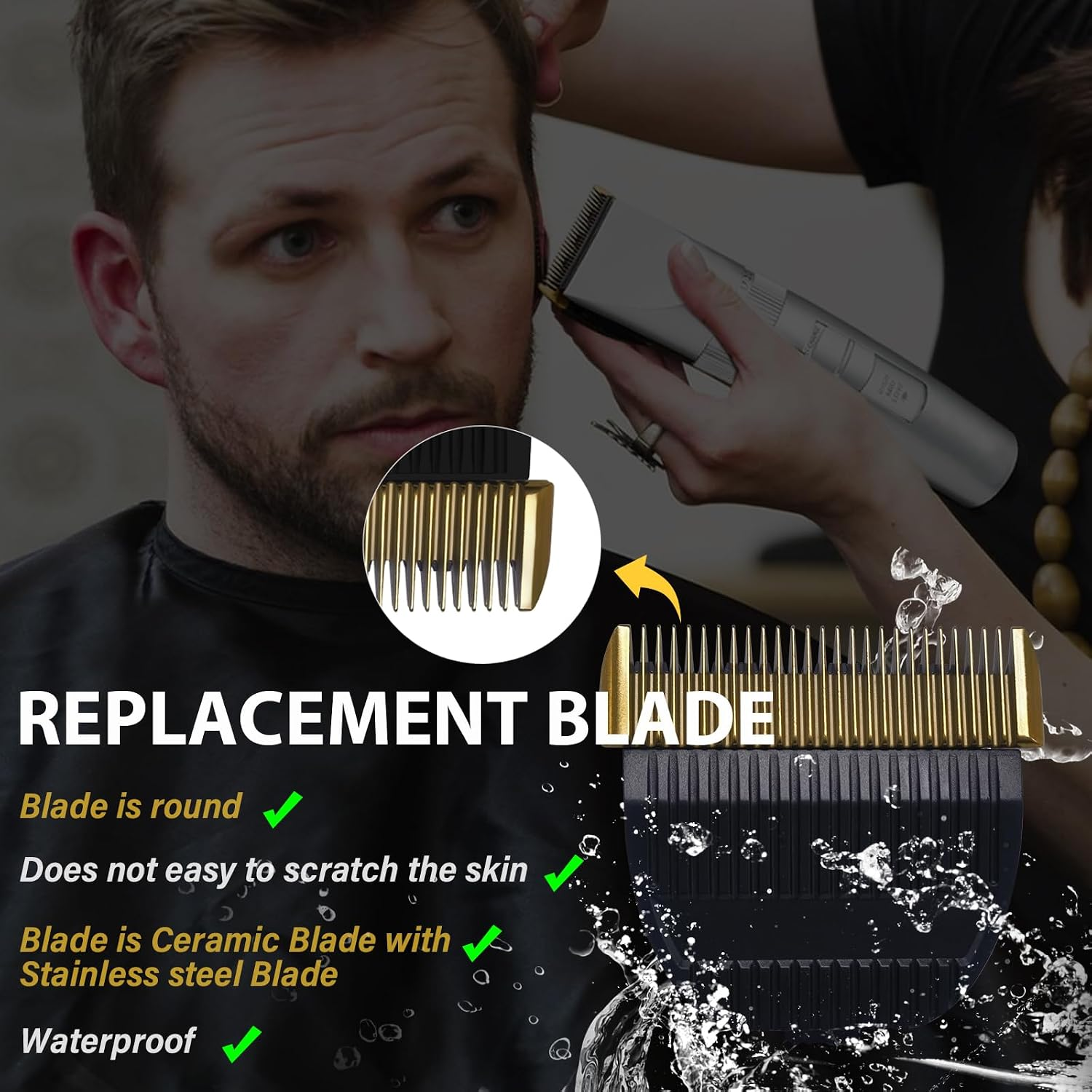 Mann wird rasiert, Nahaufnahme einer goldfarbenen Ersatzklinge mit schwarzem Griff.
