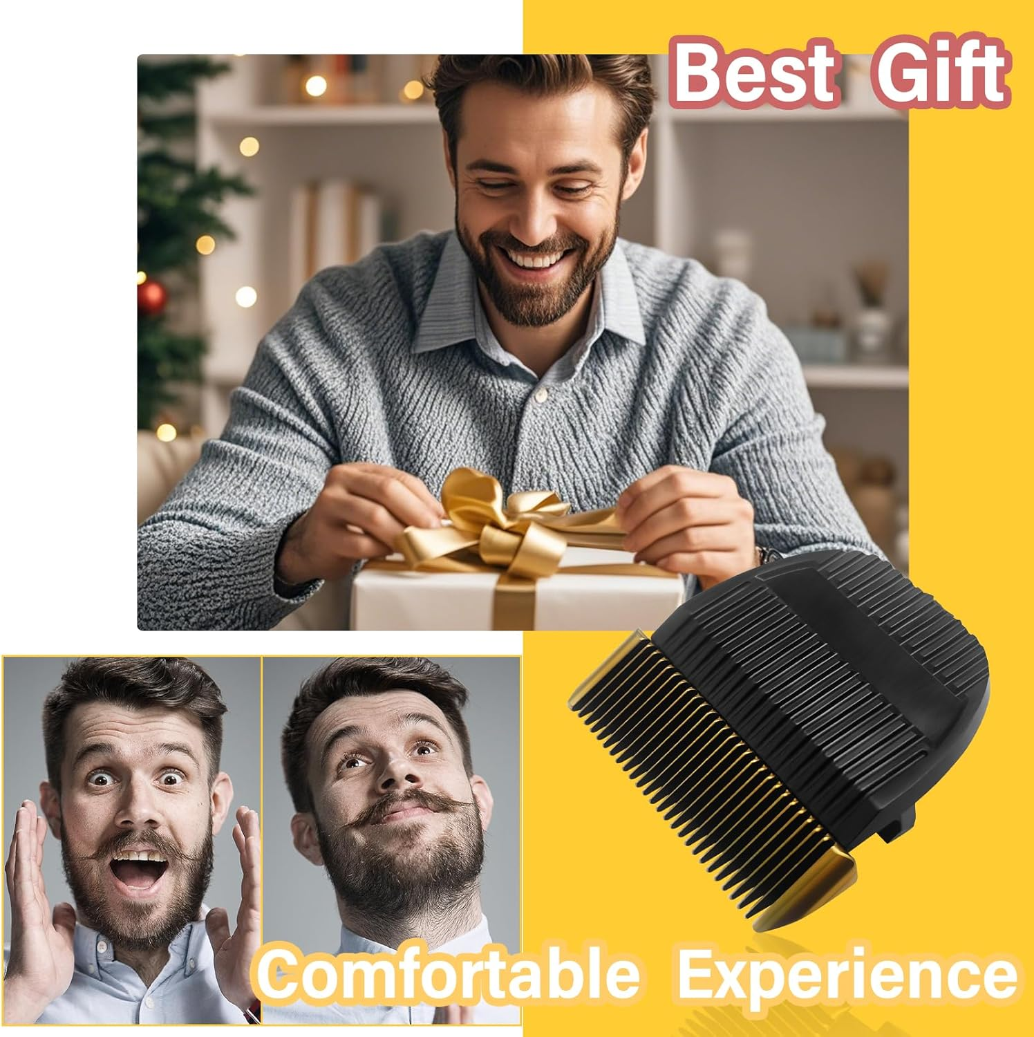 Mann packt Geschenk aus, Bartpflege-Zubehör, bester Geschenktipp.