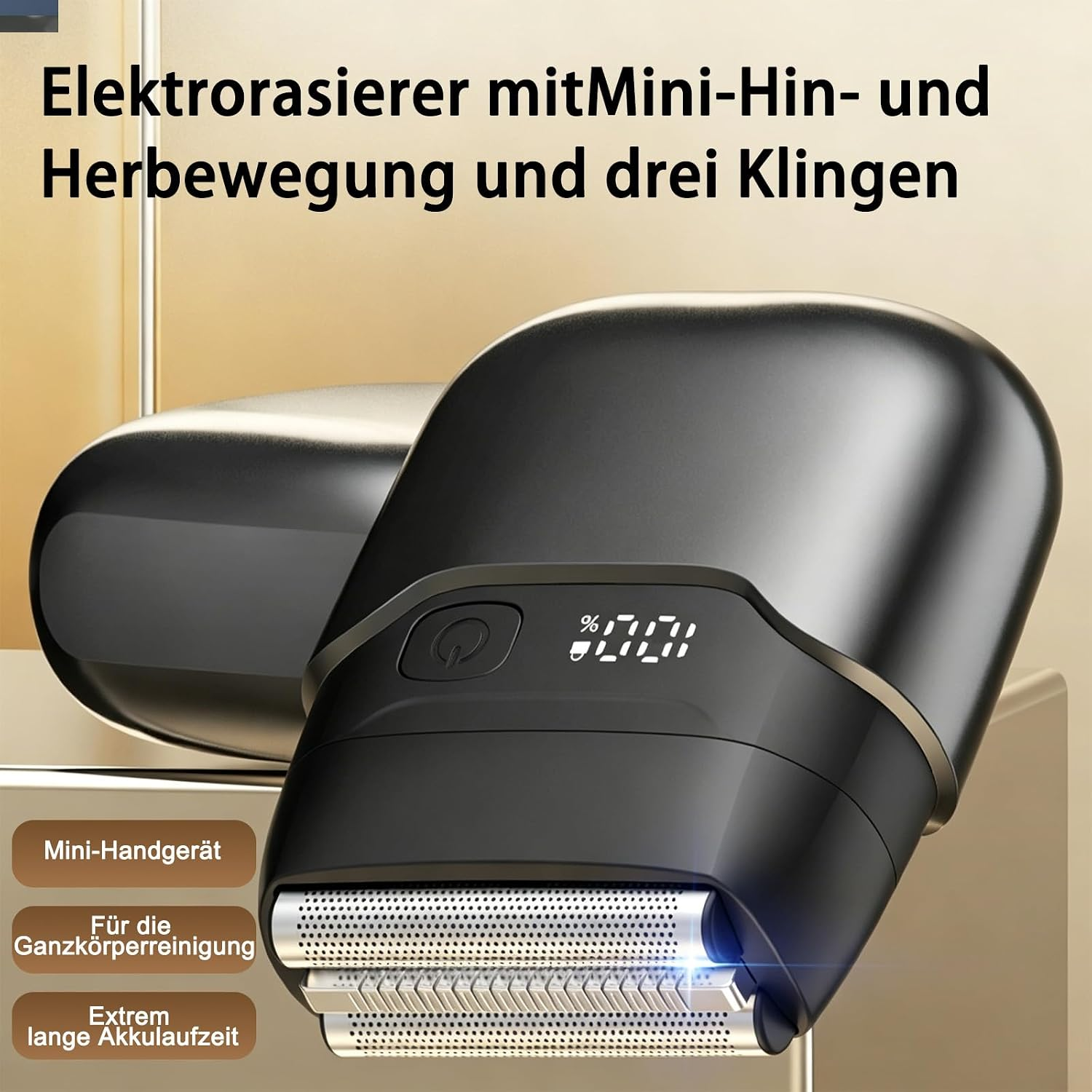 Ein schwarzer Elektrorasierer mit drei Klingen und digitaler Anzeige.