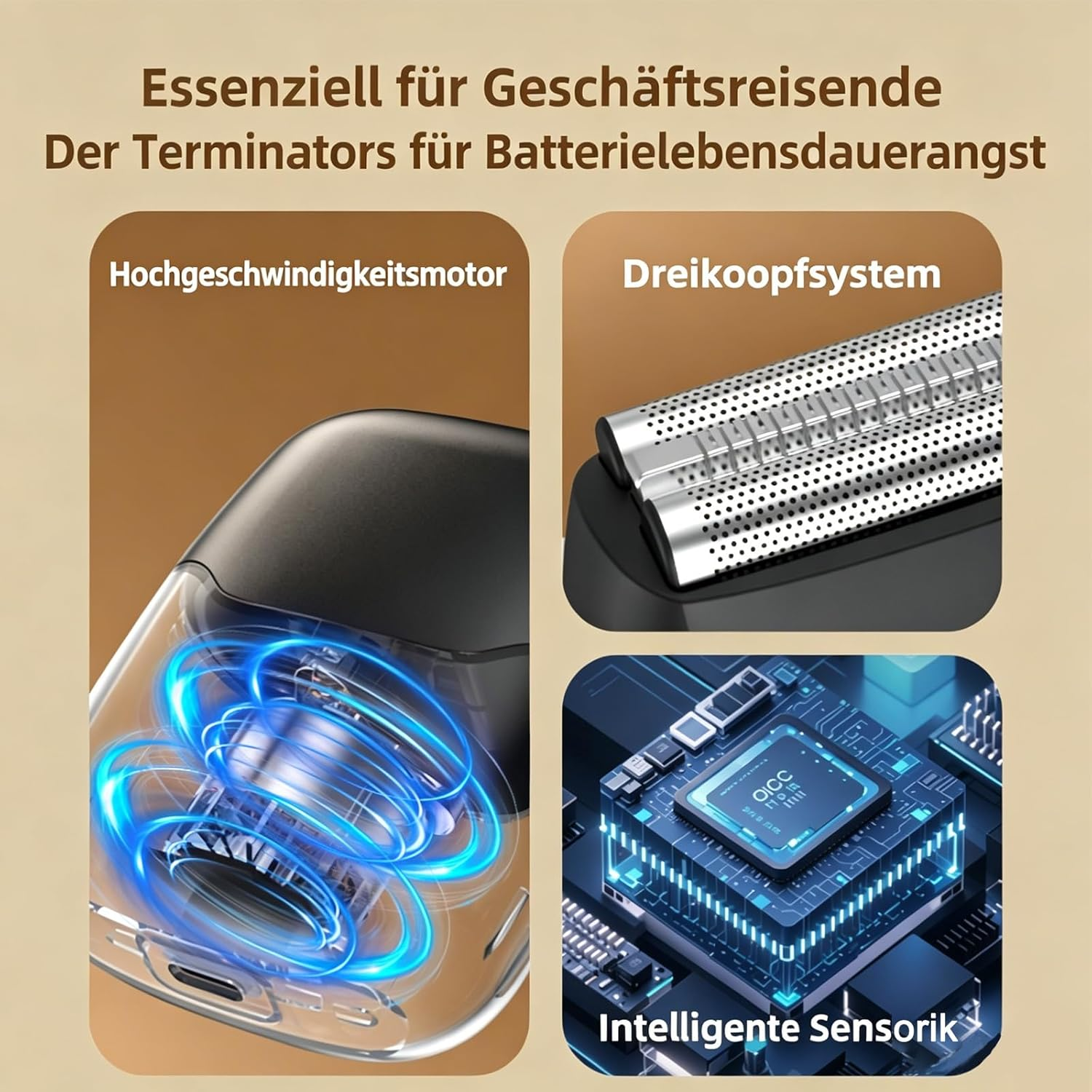 Nahaufnahme von Rasiererteilen: Motor, Kopf und Platine.