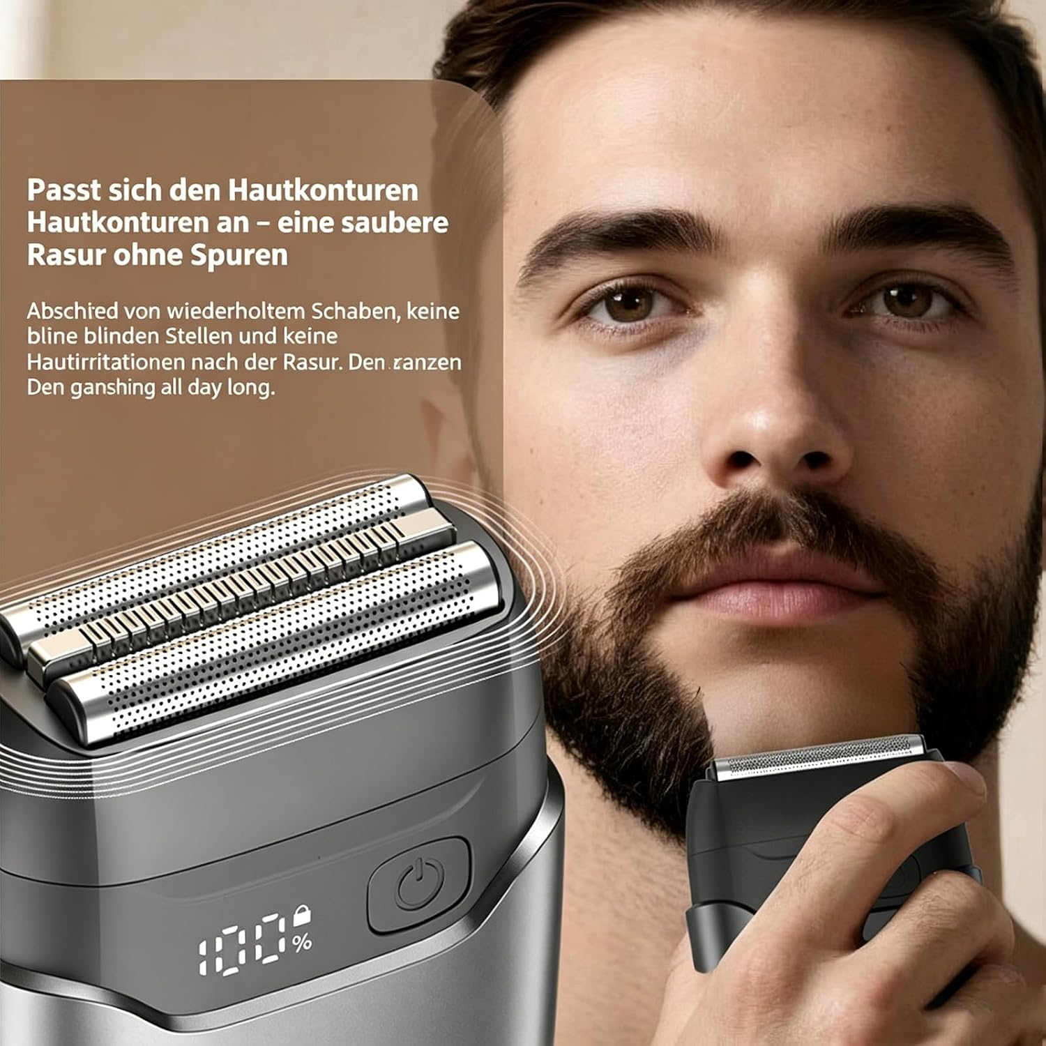Ein Mann rasiert sich mit einem elektrischen Rasierer, der sich den Konturen anpasst.