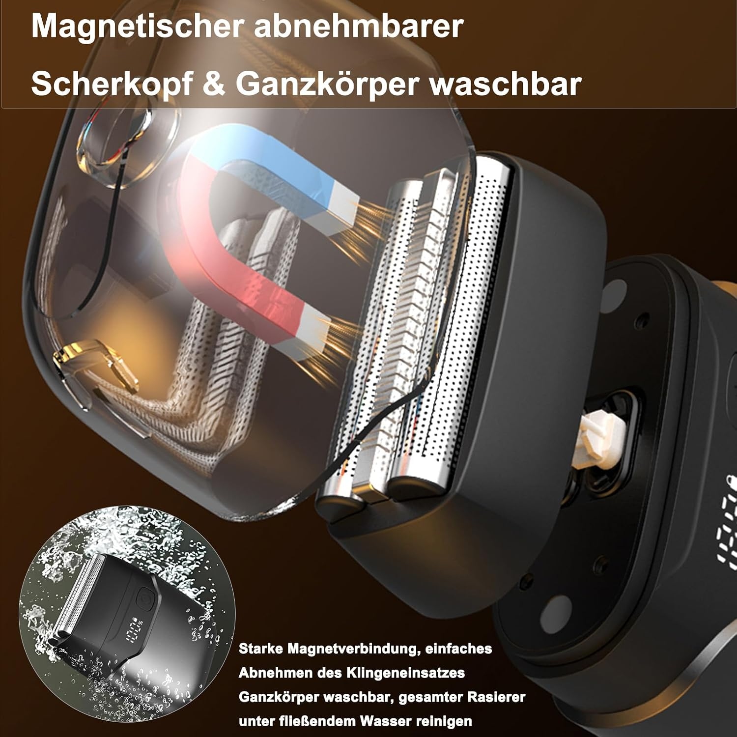 Ein Rasierer mit abnehmbarem Scherkopf und Magnetverbindung, der unter Wasser reinigbar ist.