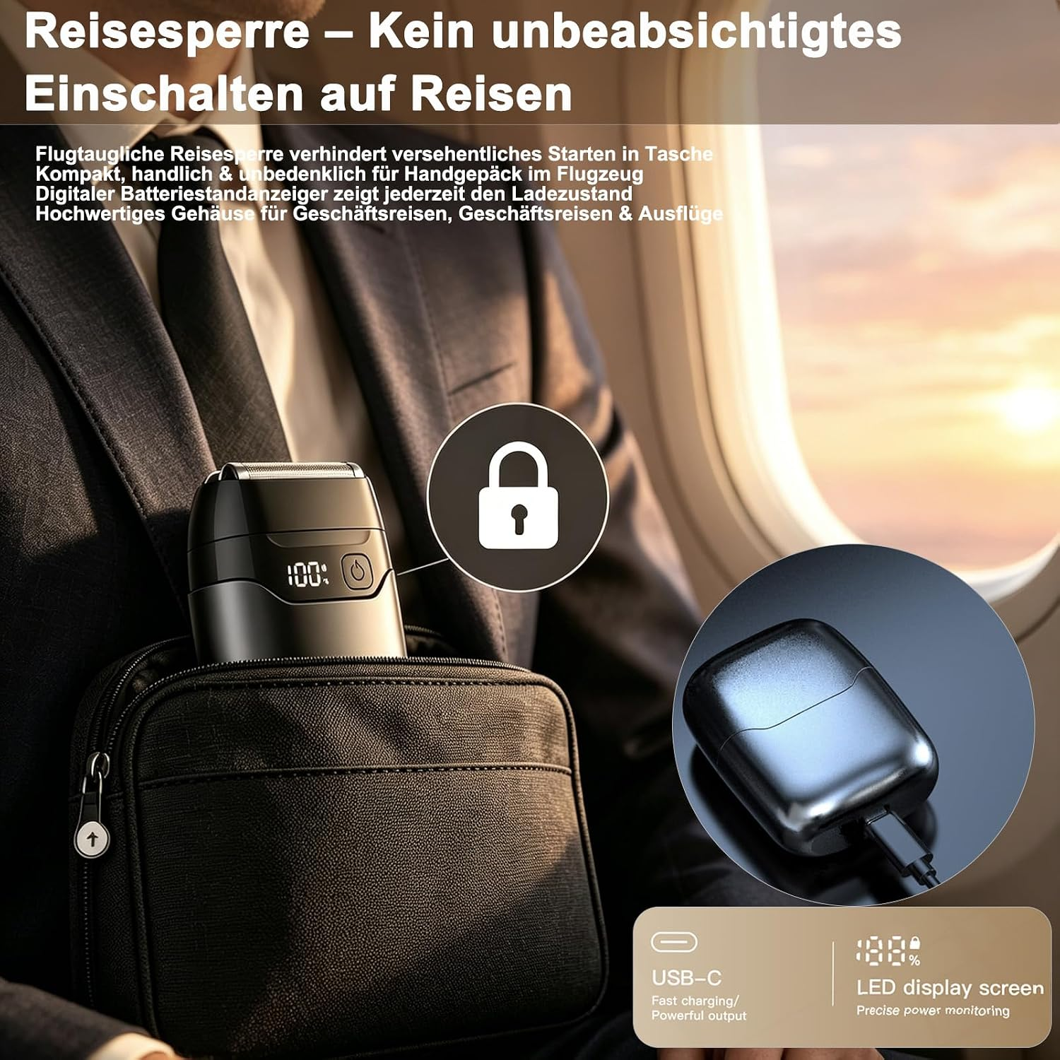 Ein Mann im Anzug mit Rasierer in einer Tasche, Flugzeugfenster im Hintergrund.