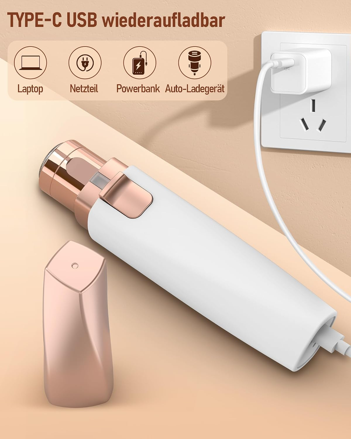 Weiße und roségoldene Ladestation mit USB-C-Wiederaufladung.