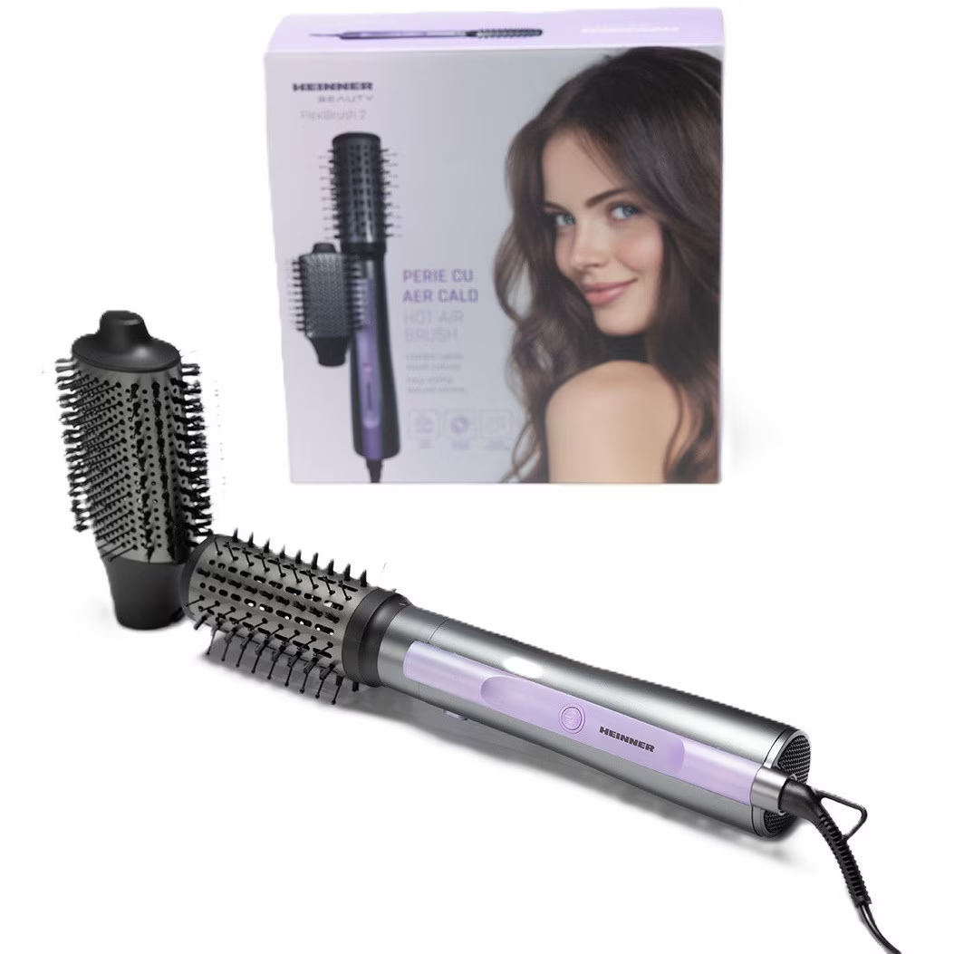 Un set de brosse à air chaud Heinner FlexiBrush 2 avec deux embouts et emballage.