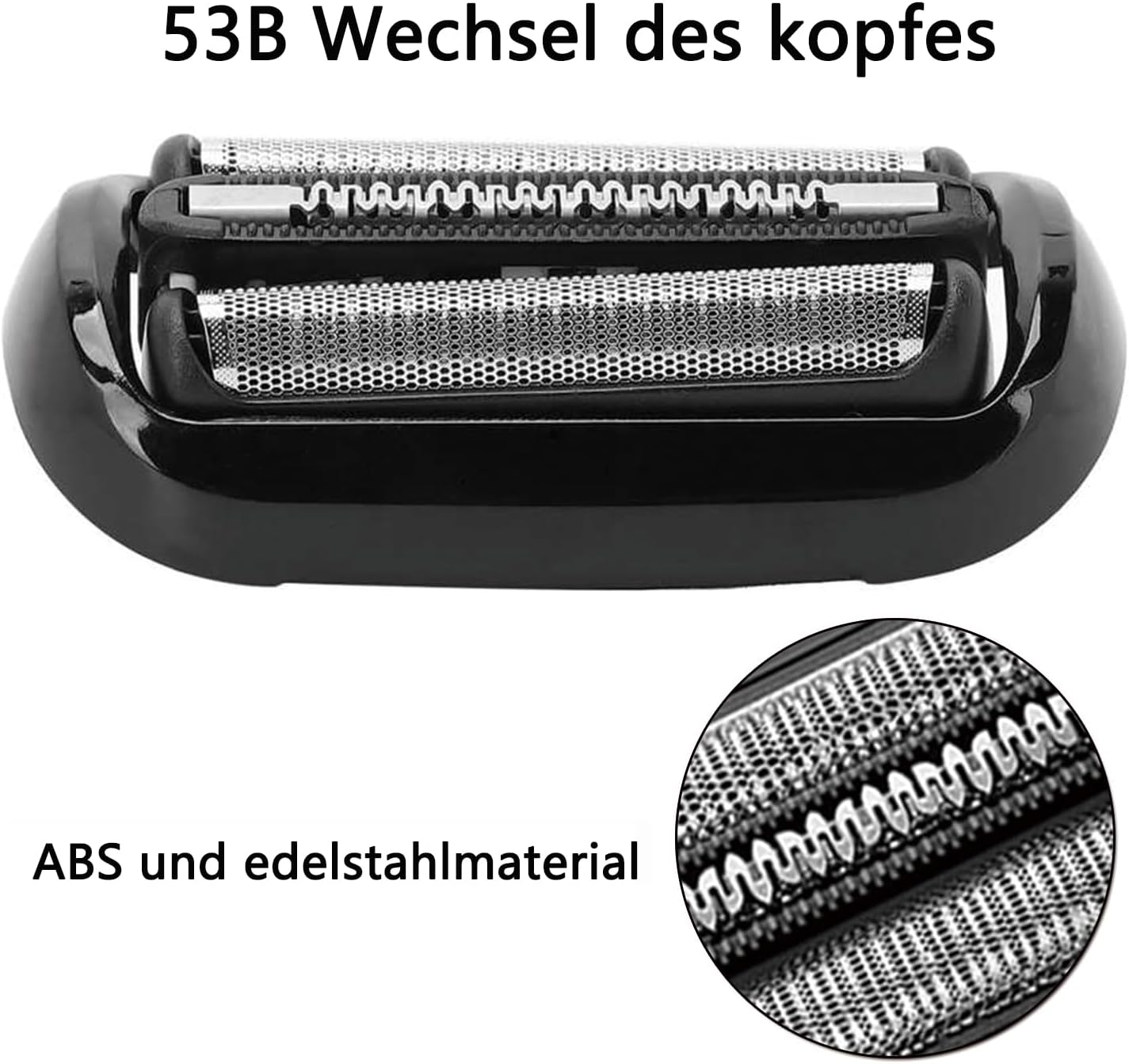 Ein schwarzer Rasierer-Scherkopf mit zwei Metallklingen und einem' ABS-Gehäuse.
