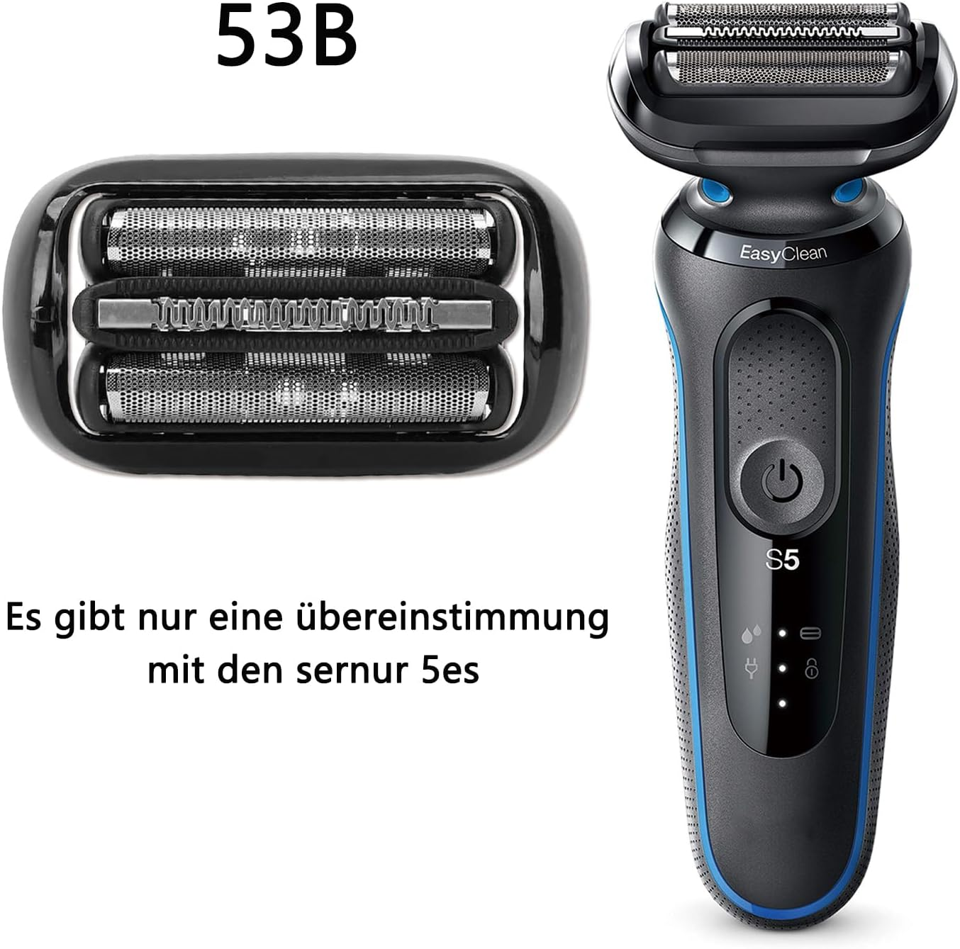 Ein schwarzer Elektrorasierer mit blauem Akzent und ein Ersatzscherkopf daneben.