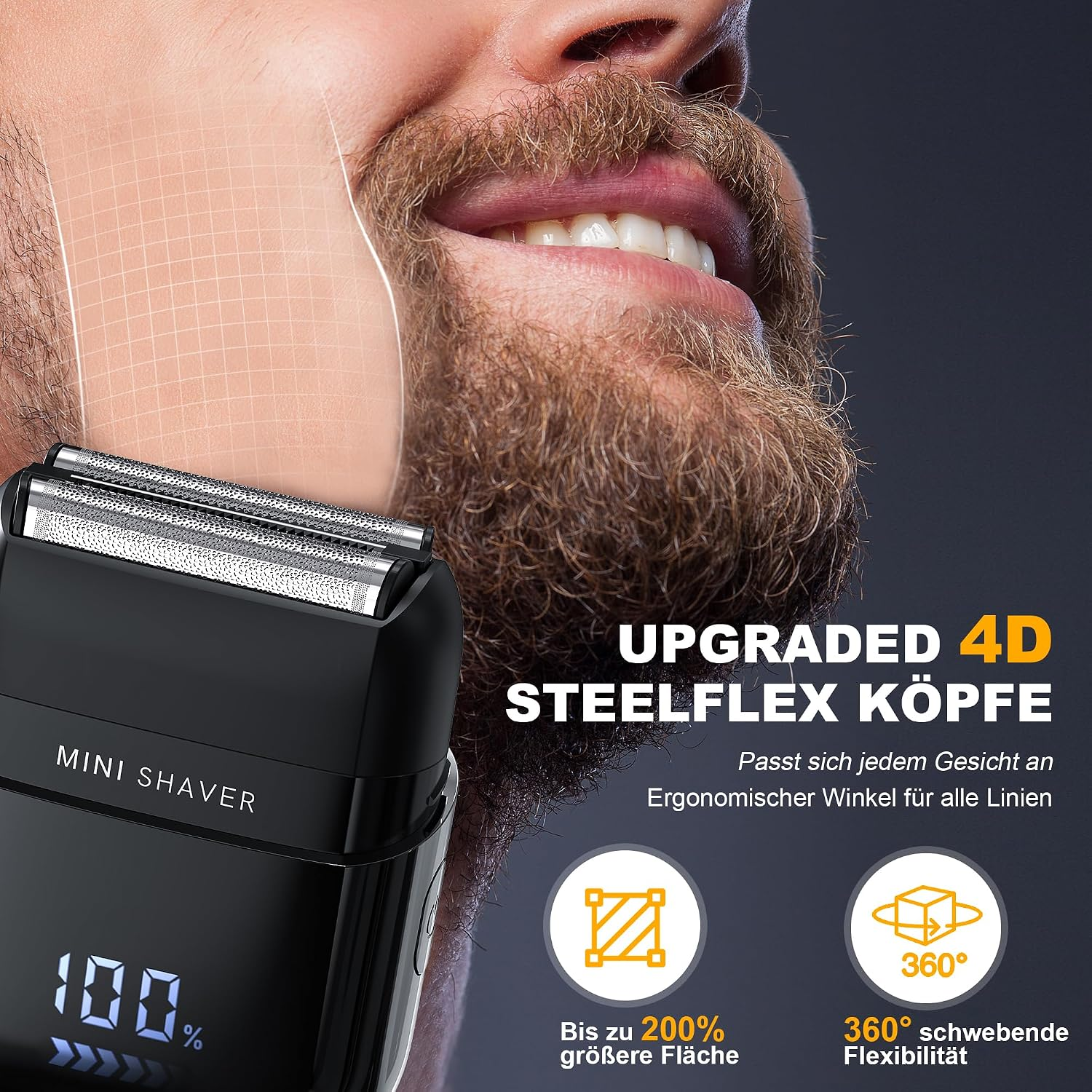 Nahaufnahme eines Mannes, der lächelt, mit einem Mini-Rasierer und Text über 4D-Köpfe.