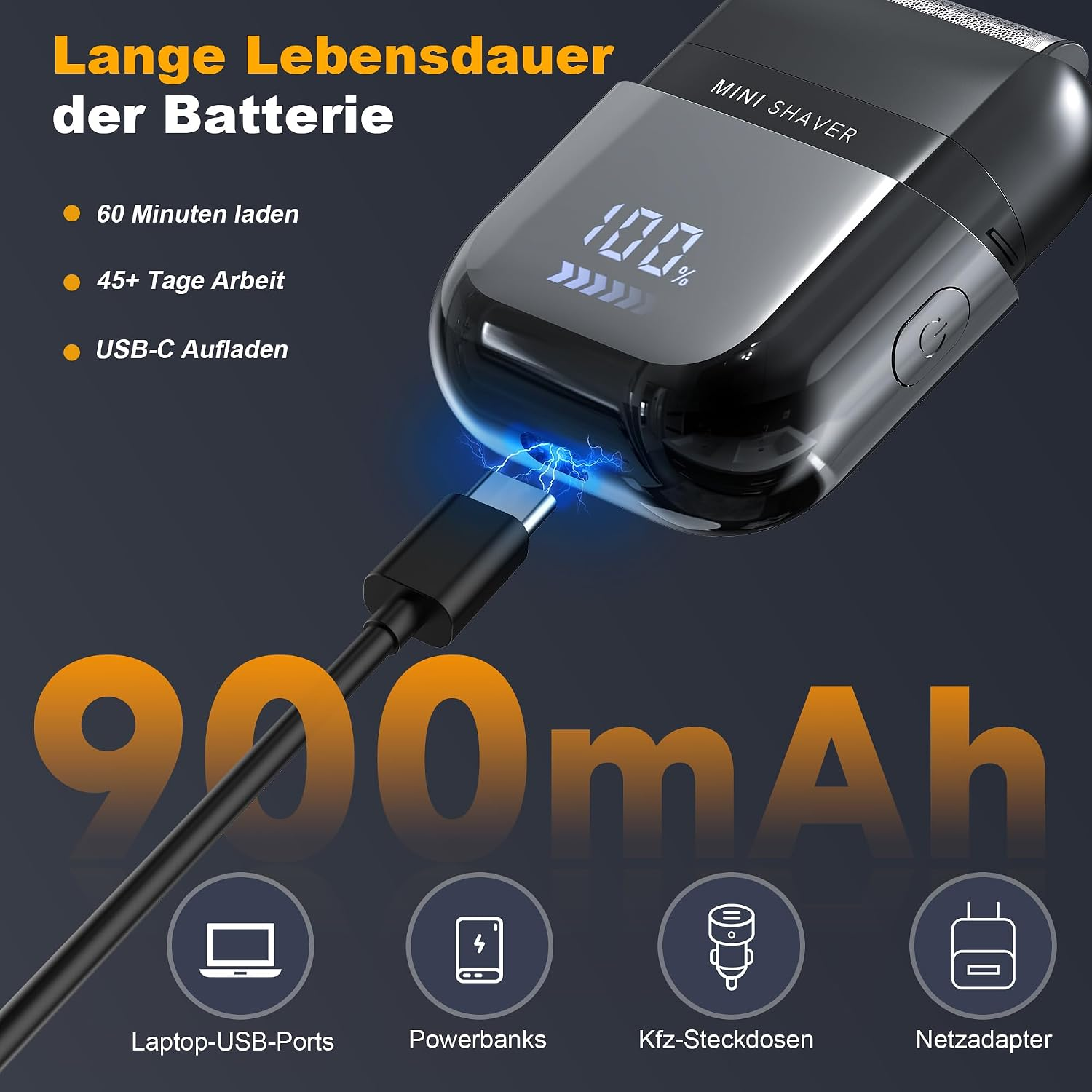 Mini-Rasierer mit 900mAh Akku, lädt in 60 Min, hält 45+ Tage, USB-C.