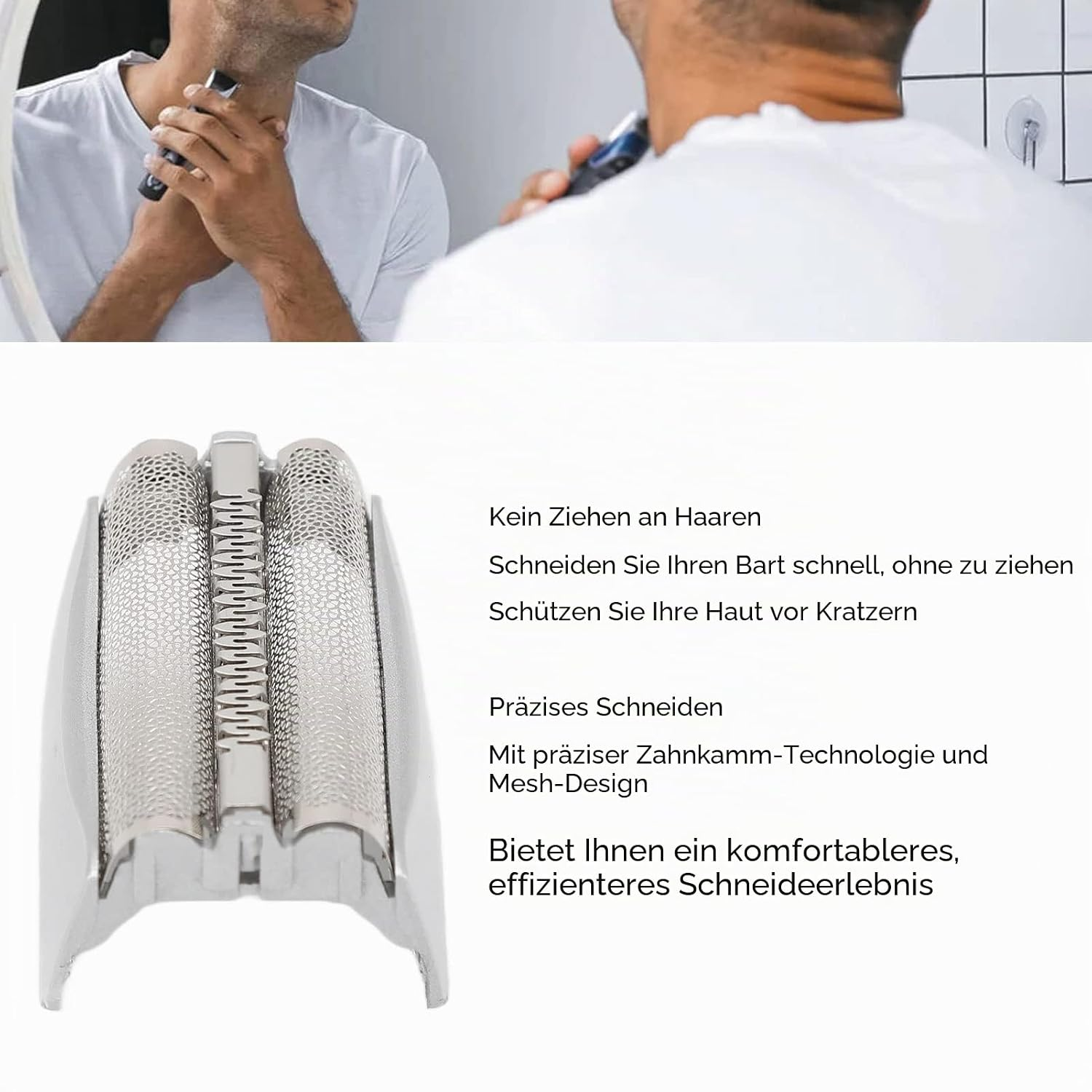 Mann rasiert sich im Spiegel. Nahaufnahme des Scherkopfes.