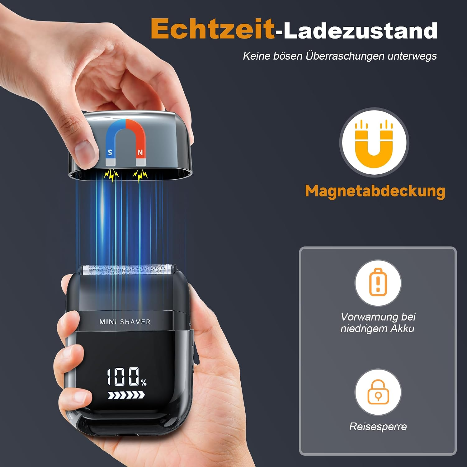 Hand hält Mini-Rasierer mit 100% Akku. Magnetische Abdeckung wird angebracht.