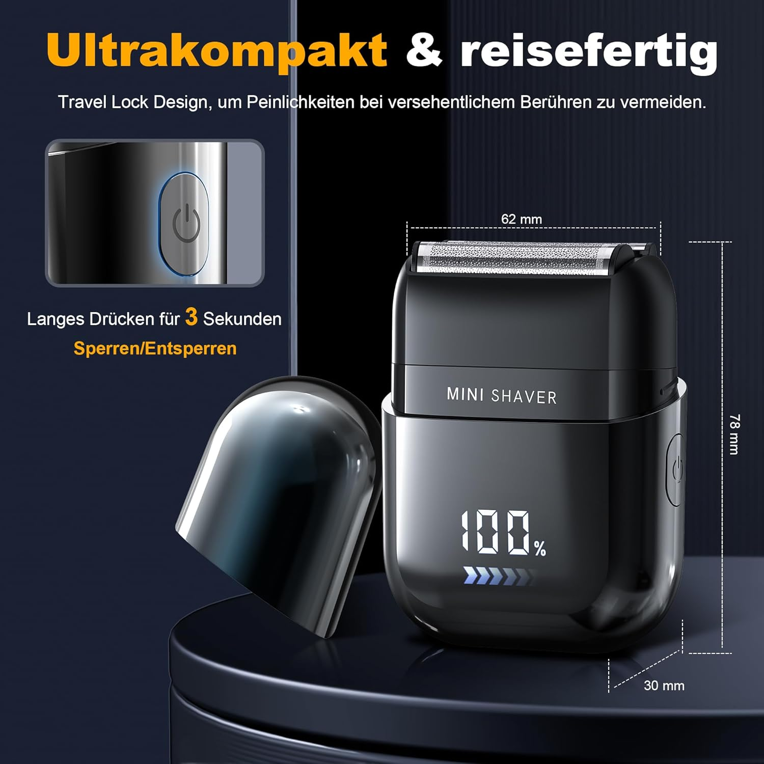 Ein kompakter, schwarzer Mini-Rasierer mit silbernen Scherköpfen und Digitalanzeige.