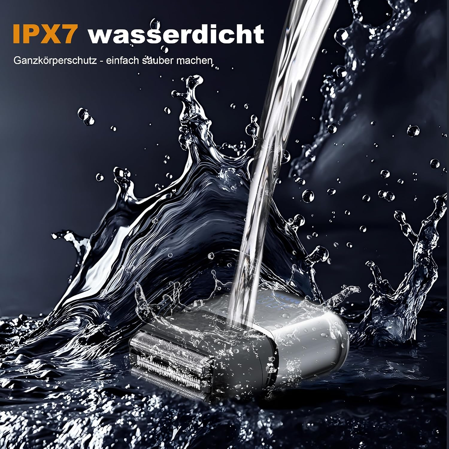 Ein wasserdichter Elektrorasierer ist untergetaucht in Wasser, umgeben von Wasserspritzern. Text: „IPX7 wasserdicht“