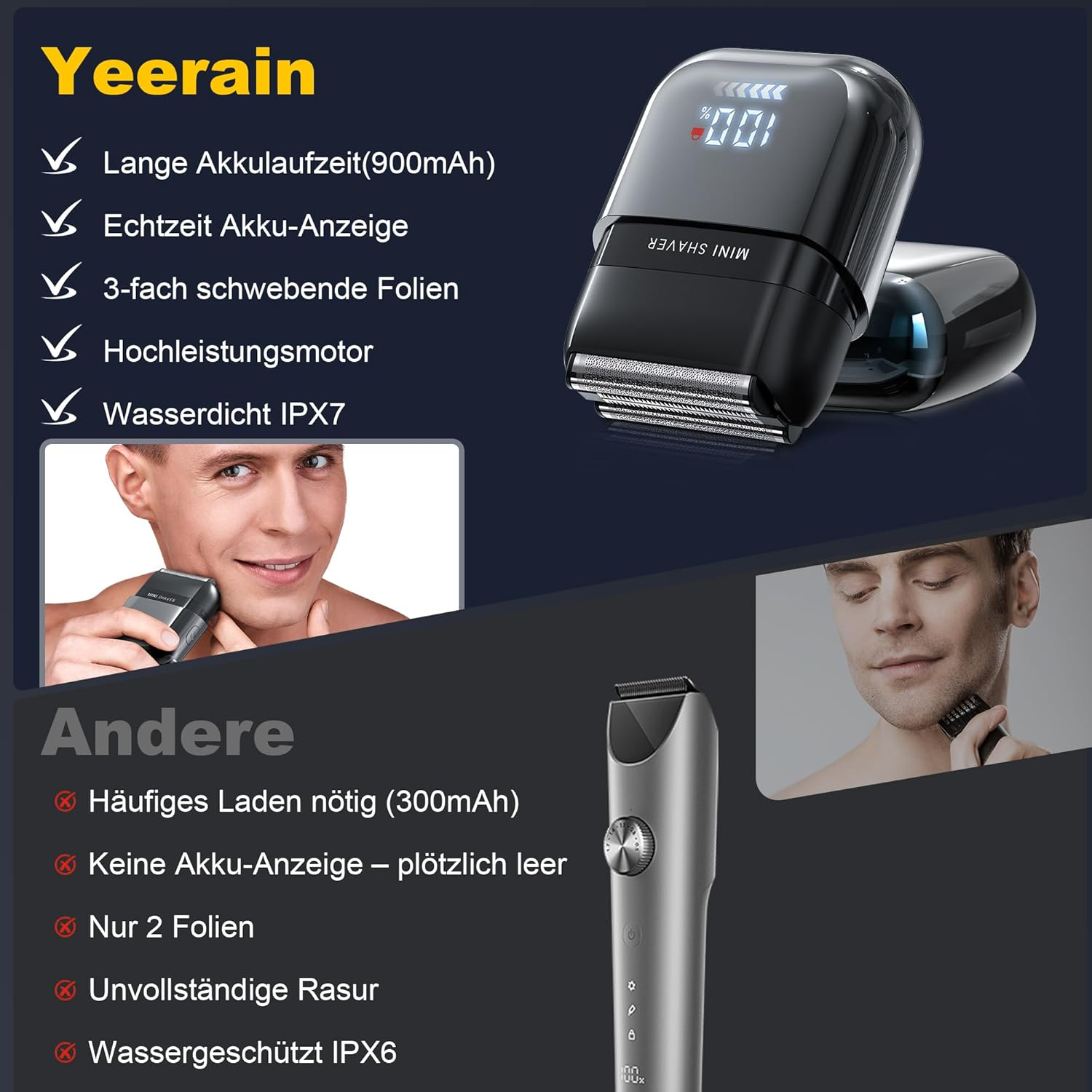 Vergleich von zwei Rasierern: Yeerain mit langer Akkulaufzeit und Wasserdicht IPX7.