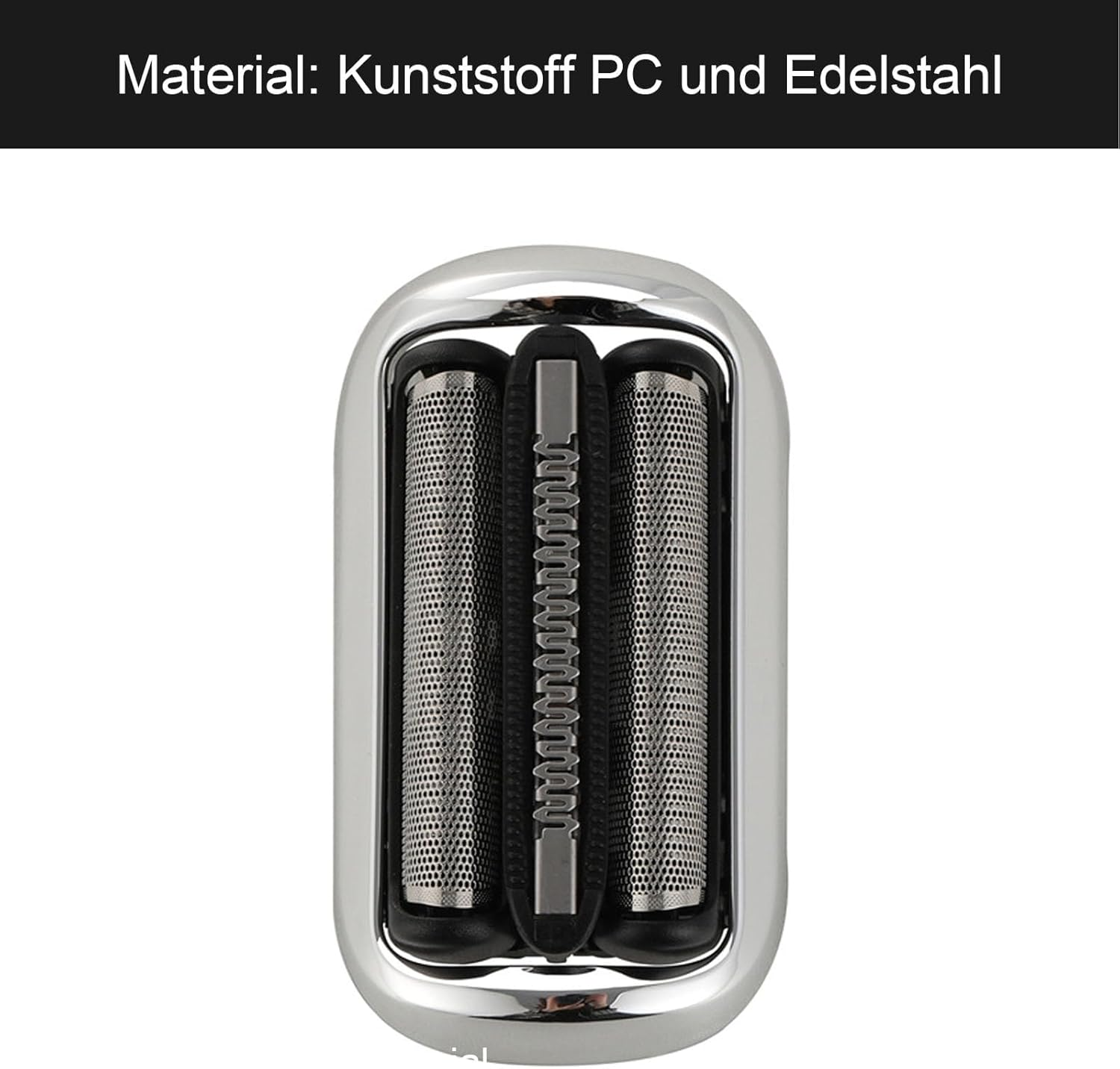 Nahaufnahme eines silbernen Rasierkopfes mit drei perforierten Schneideelementen.