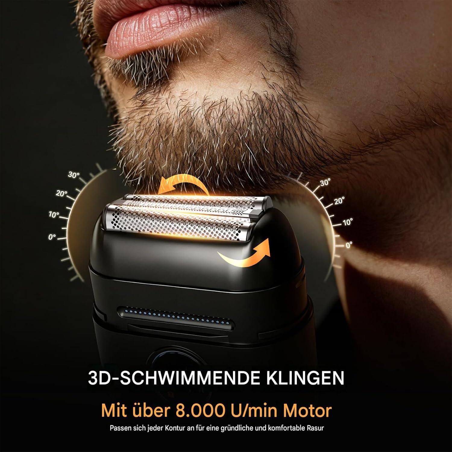 Ein schwarzer Elektrorasierer mit 3D-Klingen wird nah an einem Mann mit Bart gezeigt.
