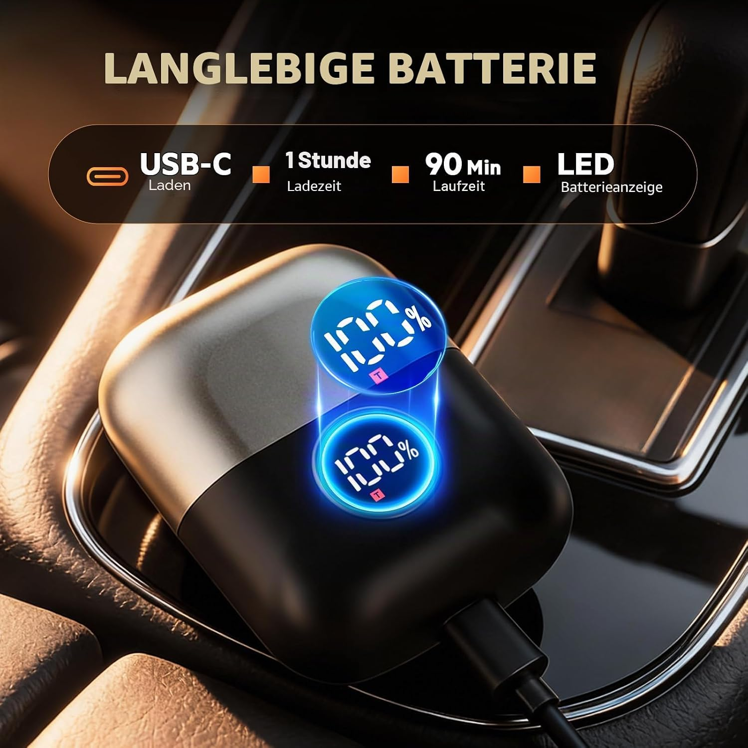 Schwarzes Ladeetui mit zwei LED-Anzeigen, die 100% anzeigen.