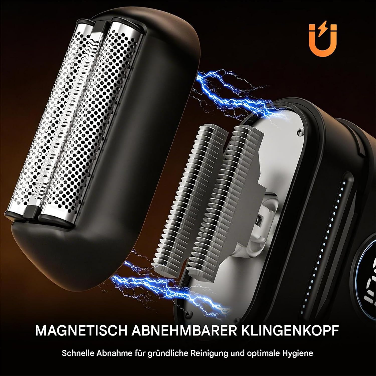 Elektrorasierer mit abnehmbarem Klingenkopf, blaue Funken.