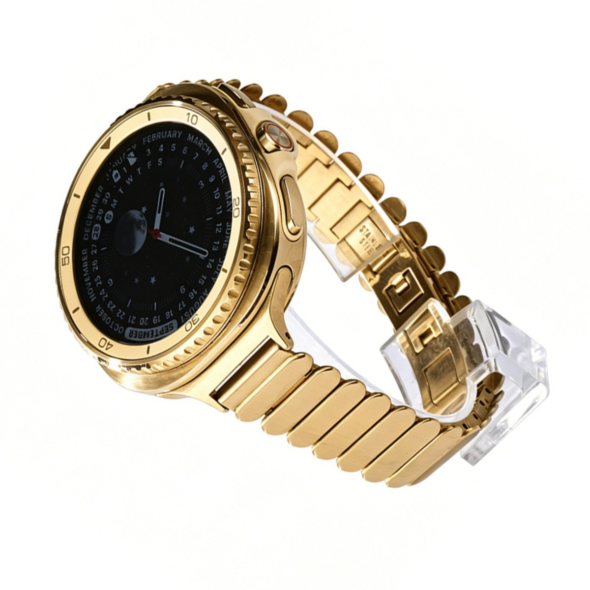 Eine goldene Smartwatch mit schwarzem Zifferblatt und Mondphase auf einem transparenten Ständer.