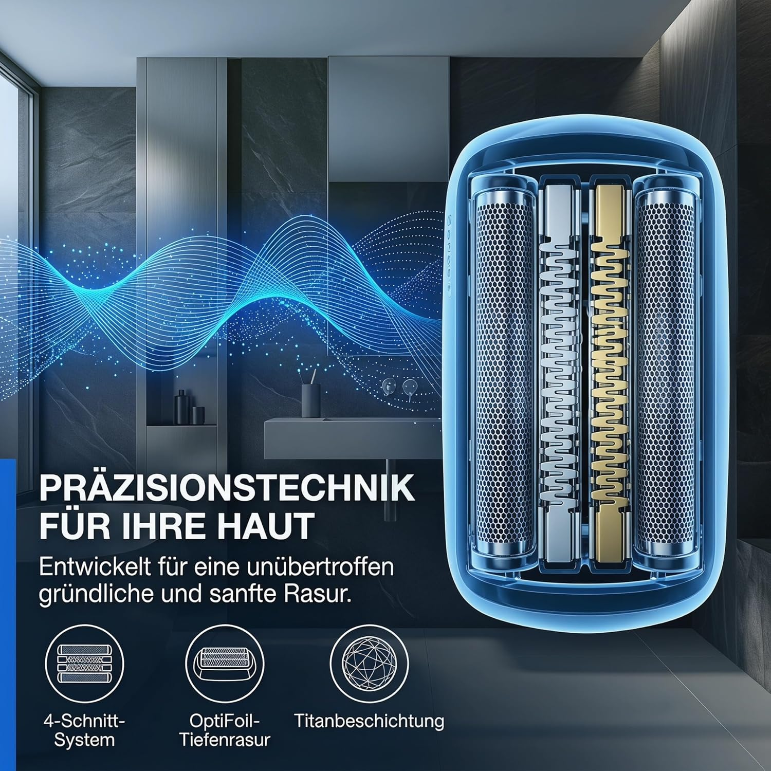Elektrischer Rasierer mit Präzisionstechnik, drei Scherköpfen und Wellenmuster.