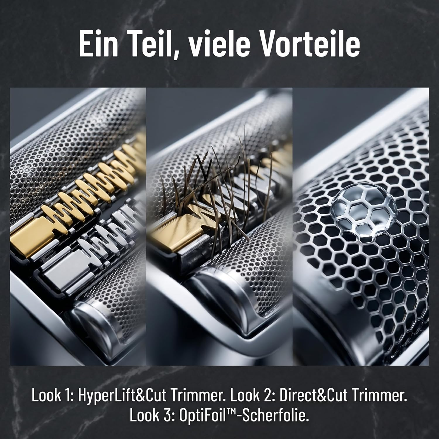 Nahaufnahme von drei verschiedenen Rasierklingenkopf-Designs nebeneinander.