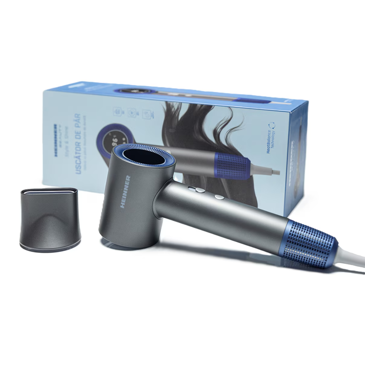 Grauer HEINNNER Haartrockner mit blauen Akzenten, daneben eine Düse und die Verpackung.