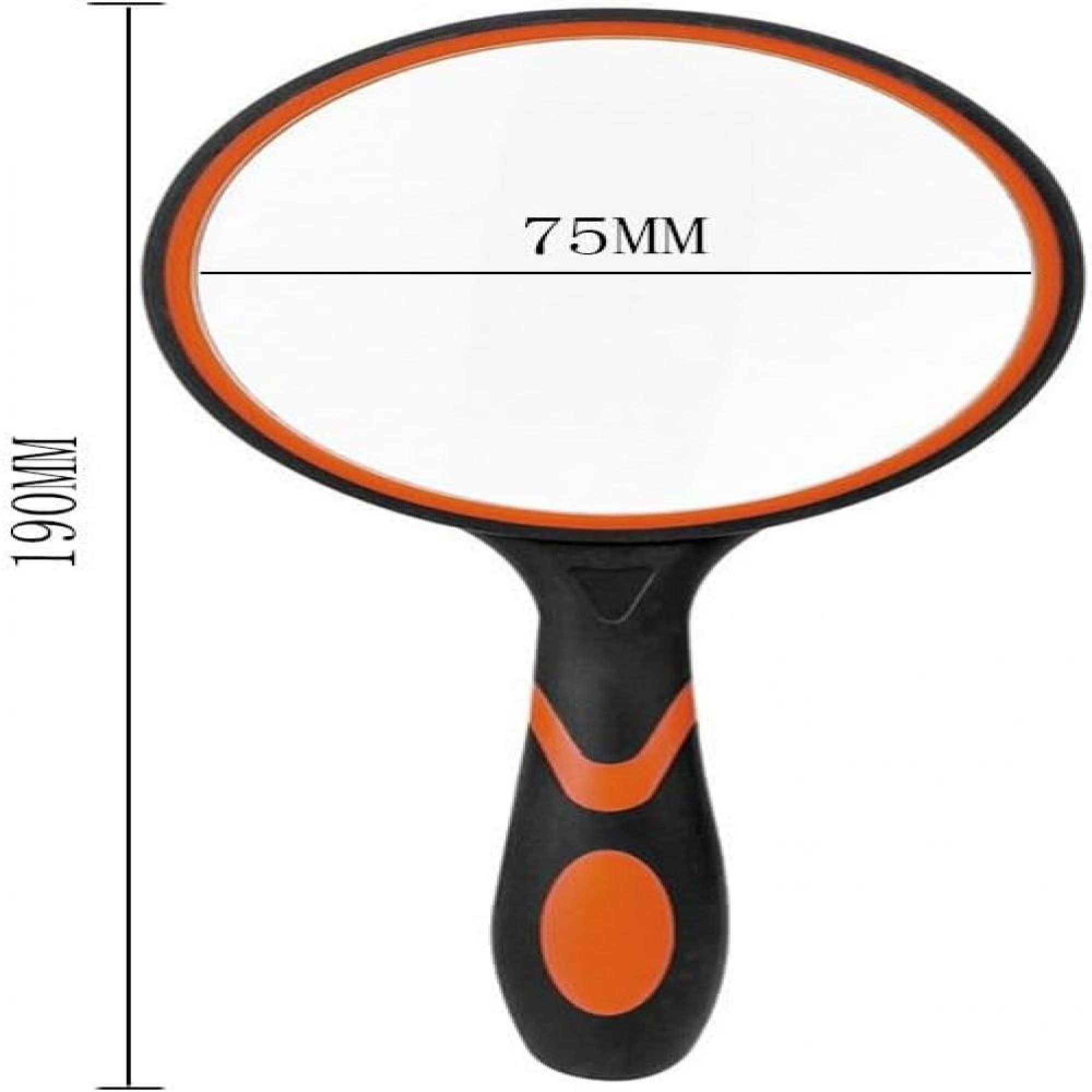 Eine Lupe mit schwarzem Griff und orangen Akzenten. Maße 190mm x 75mm.